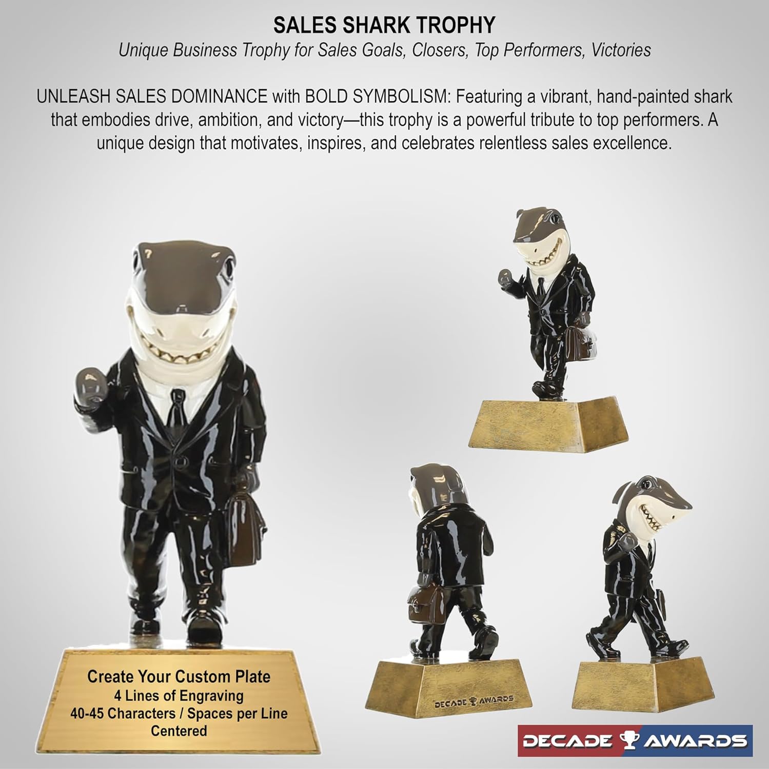 Decade Awards Personalized Sales Shark Trophy - Engraved Salesperson Award - Unique Business Trophy for Sales Goals, Closers, Top Performers, Victories - Customize Now (6 Inch)