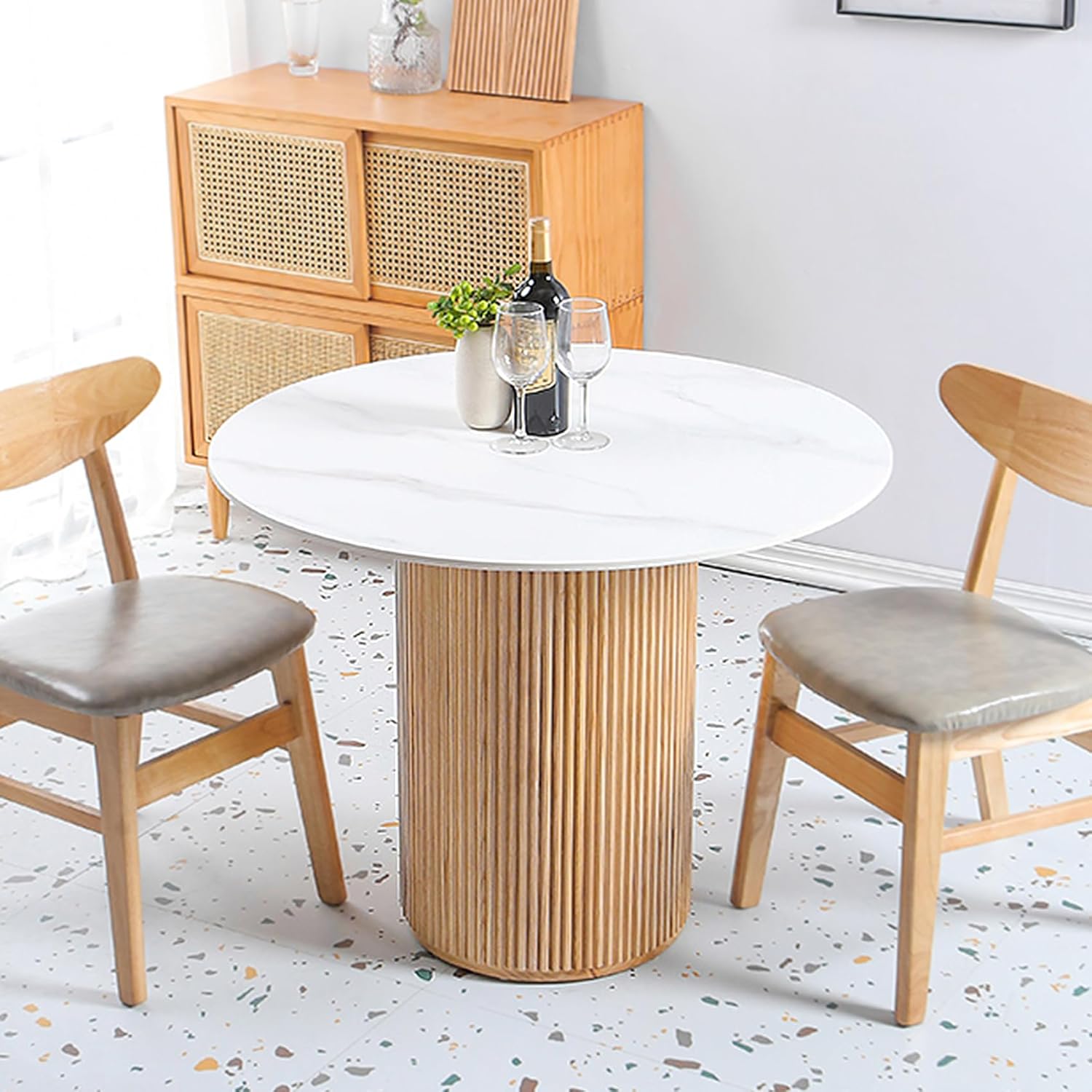 Office Computer Desk Natural Pine Wood Pedestal Dining Table, Fluted Dining Table Round, Fashion Kitchen Table Restaurant Furniture Coffee Table (Rock Board,40" L×40" W×30" H)