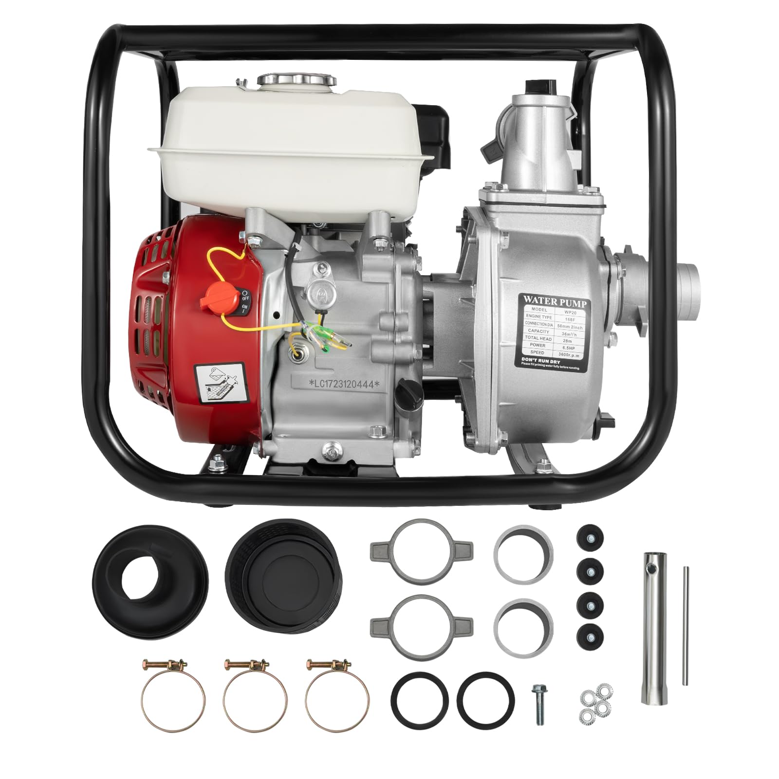 Pompe à eau de jardin 4,8 kW, 6,5 HP moteur 4 temps, 600 tr/min, déplacement 210 cc, hauteur de levage 28 m, faible bruit (environ 96 dB), faible consommation de carburant (360 ml/kw.h)