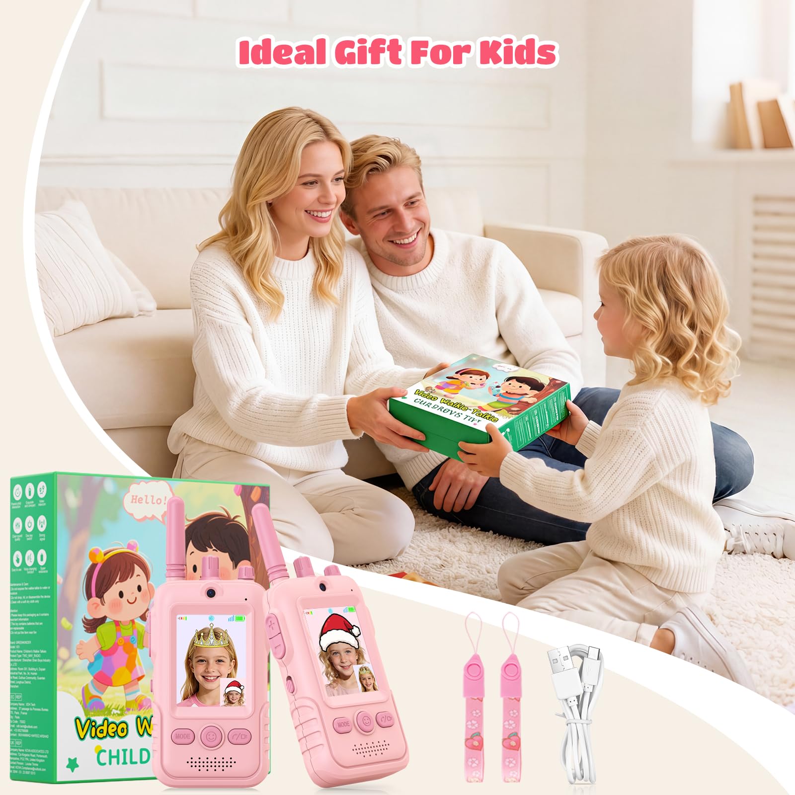 Walkie Talkie para Niños(Set de 2),Walkie Talkies Recargables con Videollamada,Largo Alcance de 400 m, Clip para Cinturón y Linterna LED,Juguete Regalo de Cumpleaños para Niños y Niñas de 3 a 12 Años