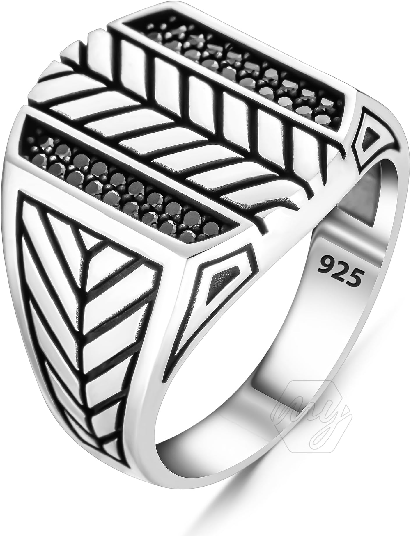 925 Sterling Silver Black Micro Stone Modern Design Turkish Men's Ring