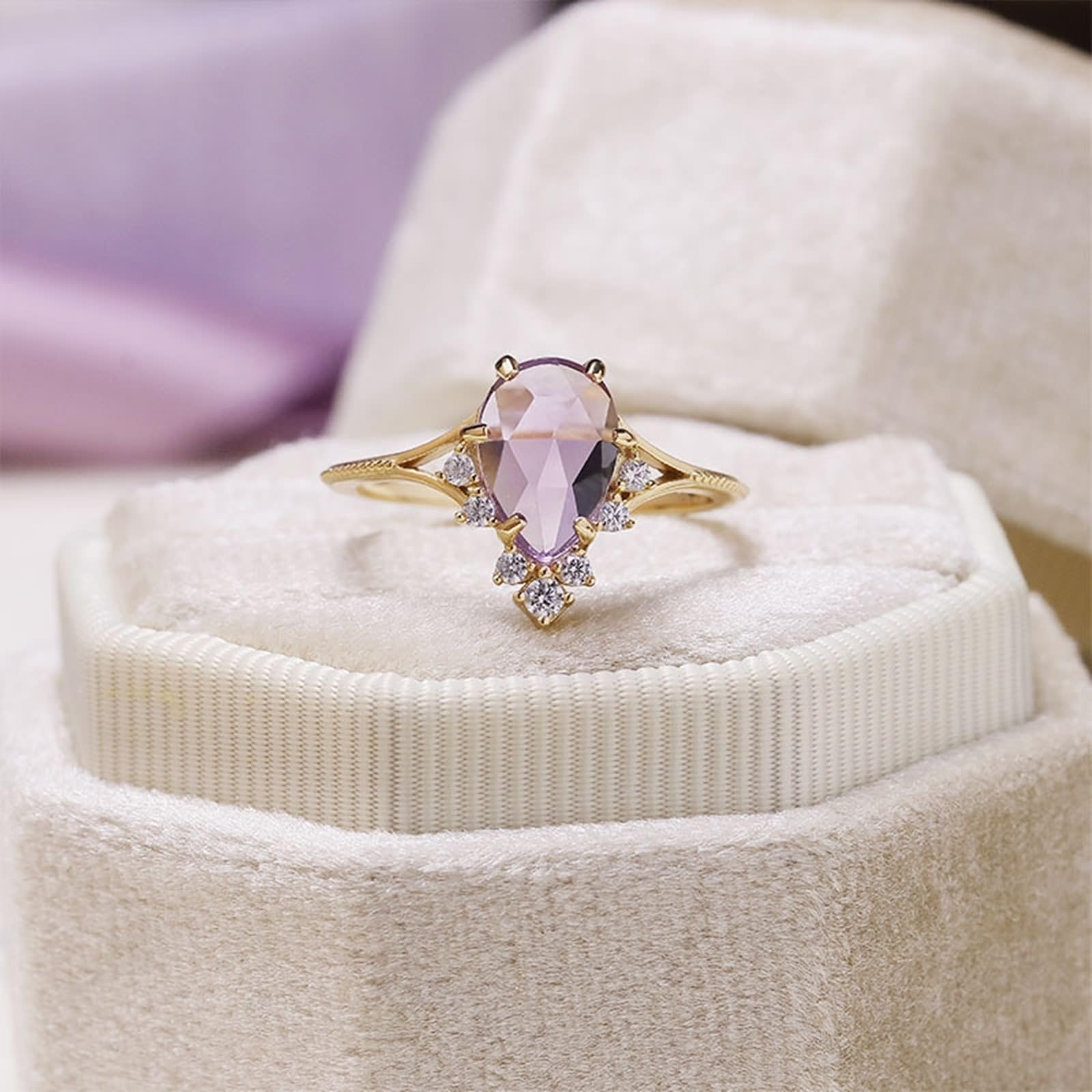 Alianzas de oro de 9 K/14 K/18 K con gota de amatista morada, anillos de pareja