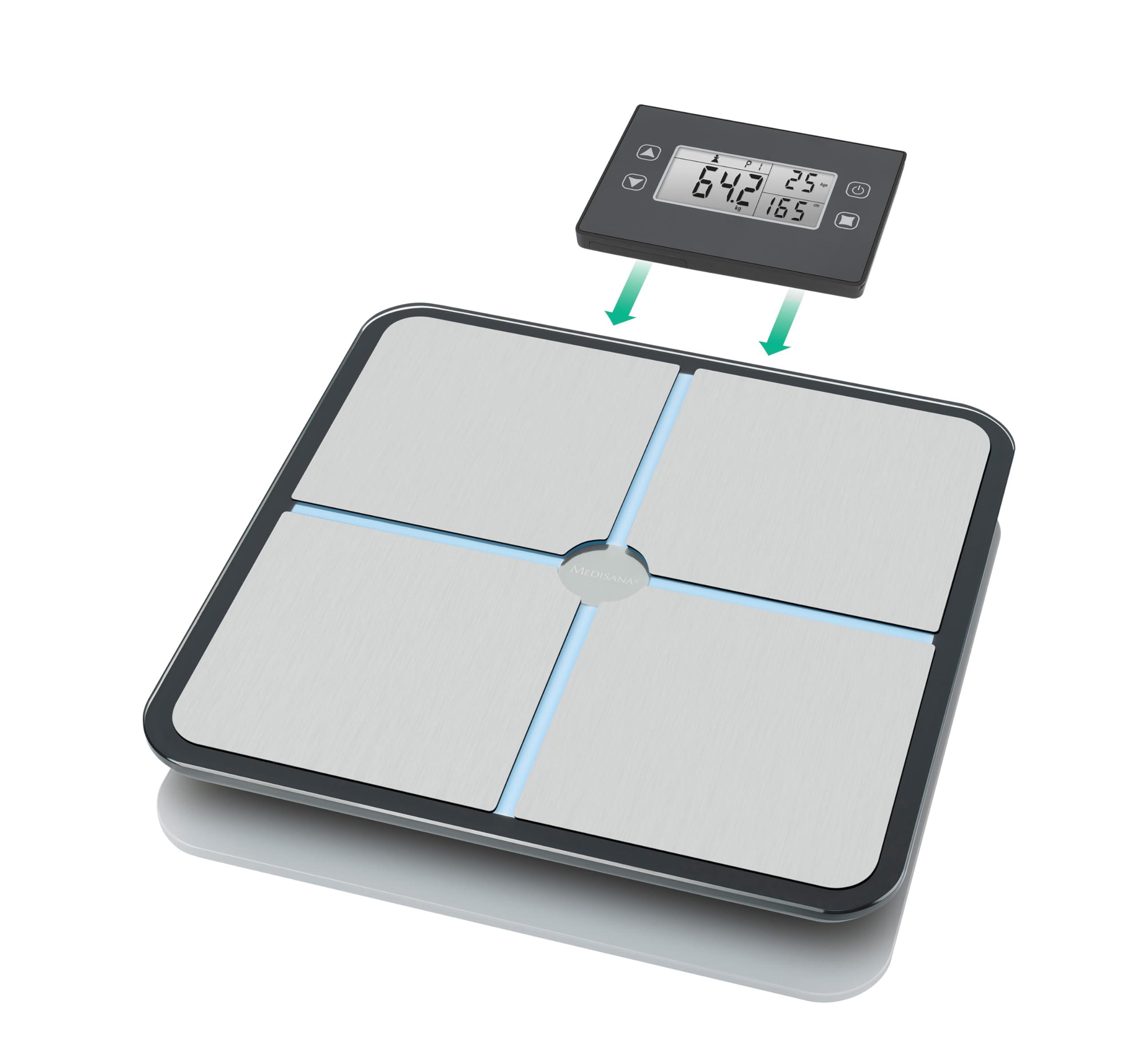 medisana BS 460 digitale Körperanalysewaage, Waage mit abnehmbarem LCD-Display, Körperfettwaage, Messung von Körperfett, Körperwasser, Muskelmasse & Knochengewicht, Bis 180 kg, Schwarz / Silber