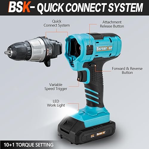 Miniatura 3 de Berserker Juego de taladros inalámbricos de 20 V, juego de taladros con batería de iones de litio de 2.0 Ah y cargador rápido, portabrocas sin llave