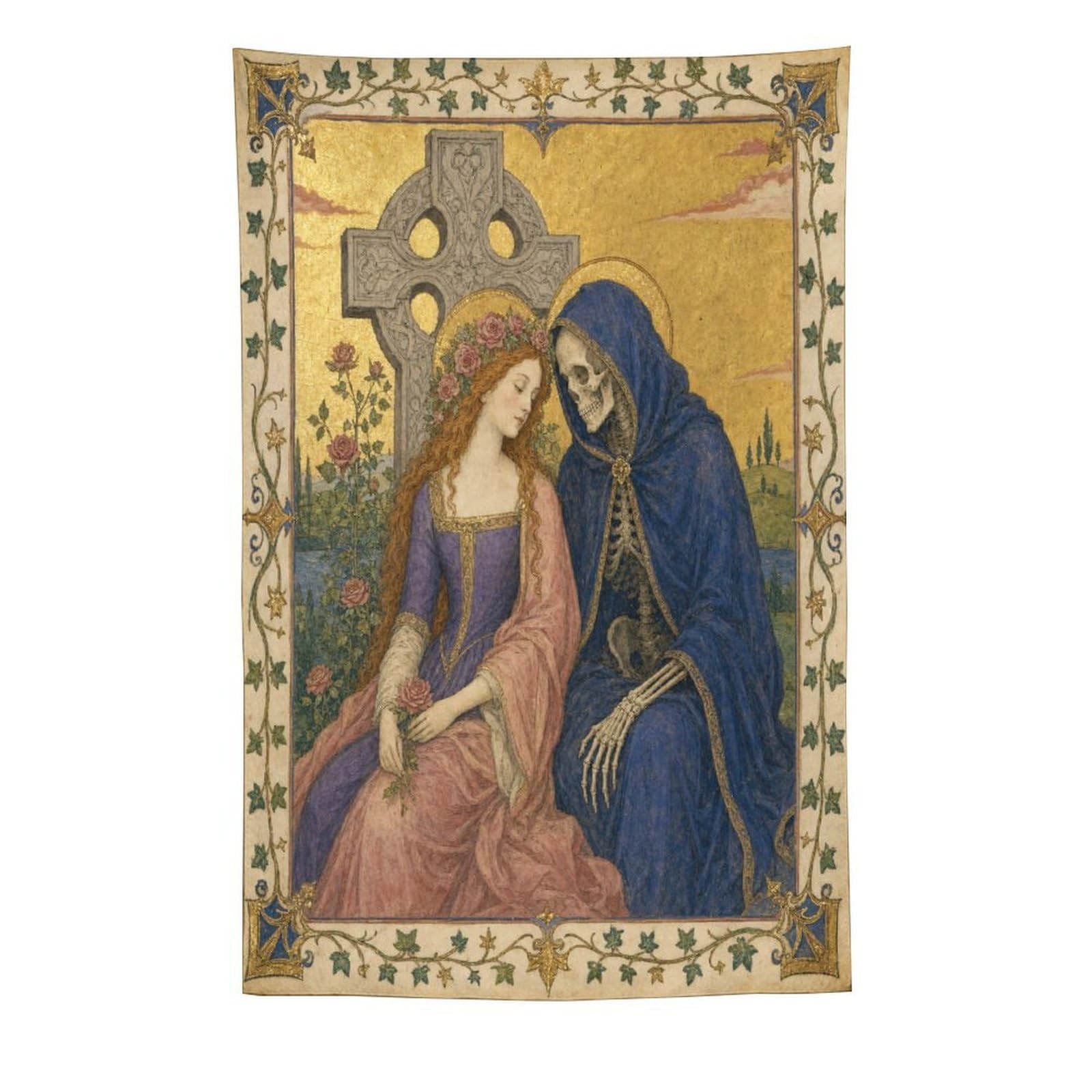 W7C8U2X3 Woman and Skeleton Wall Tapestry, Fantasy Illustration, Bed
