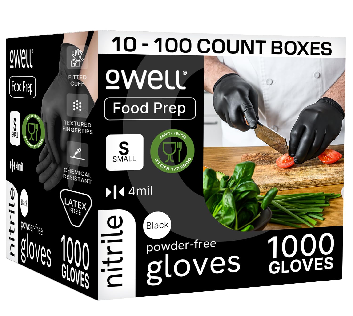 OWELL® Black Nitrile Gloves - 4 Mil Food Safe Disposable Gloves - Latex-Free, Powder-Free, Medical Exam & Chemical Resistant