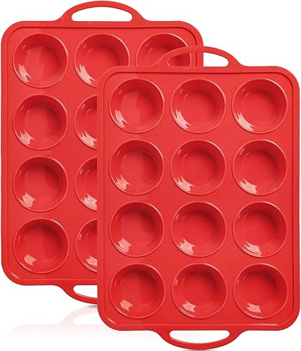 Miniatura 1 de Paquete de 2 moldes de silicona para magdalenas con marco de metal, molde de silicona regular antiadherente con asas, 12 tazas, bandeja de silicona