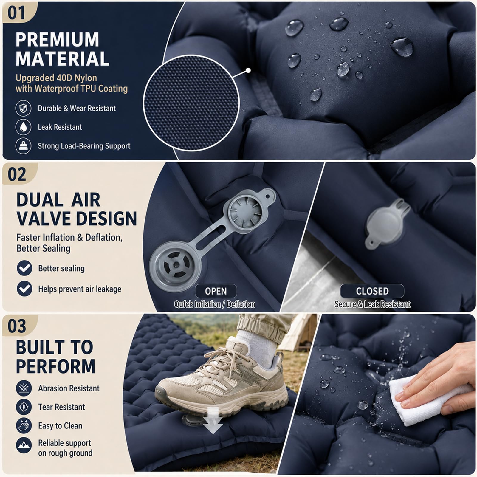 CIYIN Materassino Campeggio, Materassino Autogonfiante, Materasso Gonfiabile Singolo, con Pompa a Pedale, Ultraleggero e Pieghevole, per Escursionismo, Trekking, Tenda, Campeggio (Blu navy)