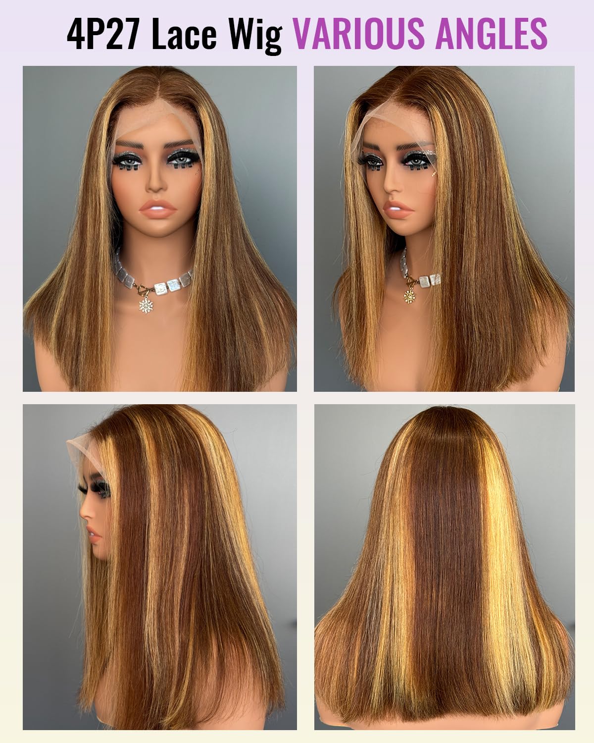 Sherico Highlight Ombre Bob Wig Human Hair-Glueless P4/27 Balayage Brown Short Lace Front Pre Plucked 180% Density Wear and Go 13X4 Lace Wig with Baby Hair Ombre Ash Brown Wigs Tiny Knots 10Inch