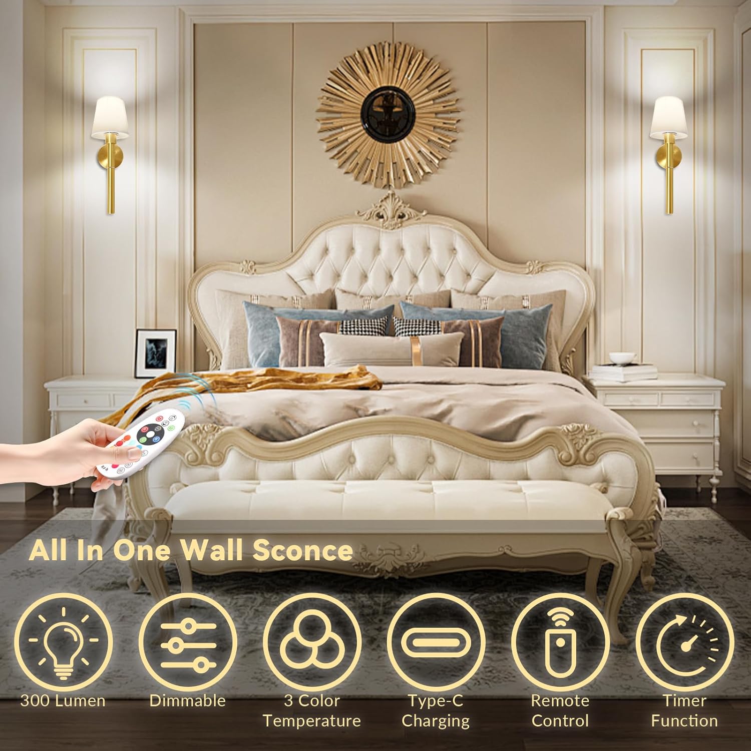 Battery Operated Wall Sconce, Wireless Wall Lamp Set of 2 RGB Dimmable Rechargeable Wall Lights with Bulbs and Remote, 12 Colors Gold Wall Sconces for Bedroom Nightstand Living Room Hallway