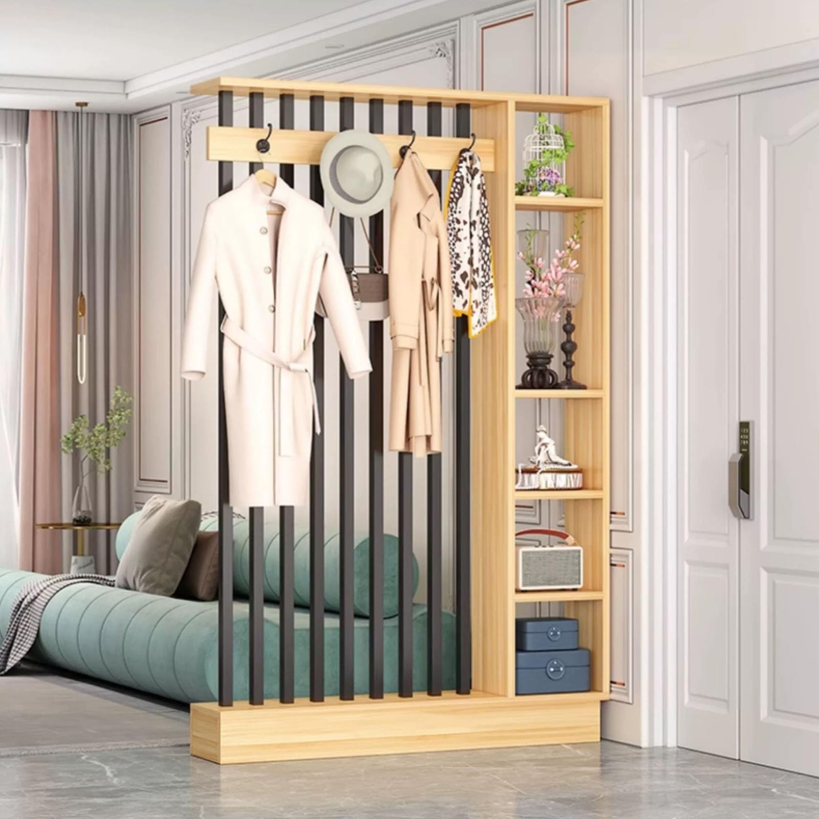 Multi-Functional Entry Hall Storage Rack Wood Room Divider Screen,room divider with shelves,Freestanding Privacy Partition with Coat Rack and Display Shelf for Home Office(Wood+Black,120cm/47.2'')