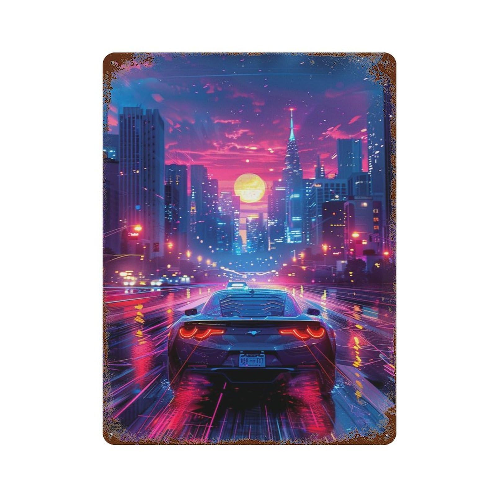 Neon Cityscape with Sports Car 15.7"x11.8" Decorative Tin Sign, Retro Wall Decor for Bistro, Counter And Cafe Decor