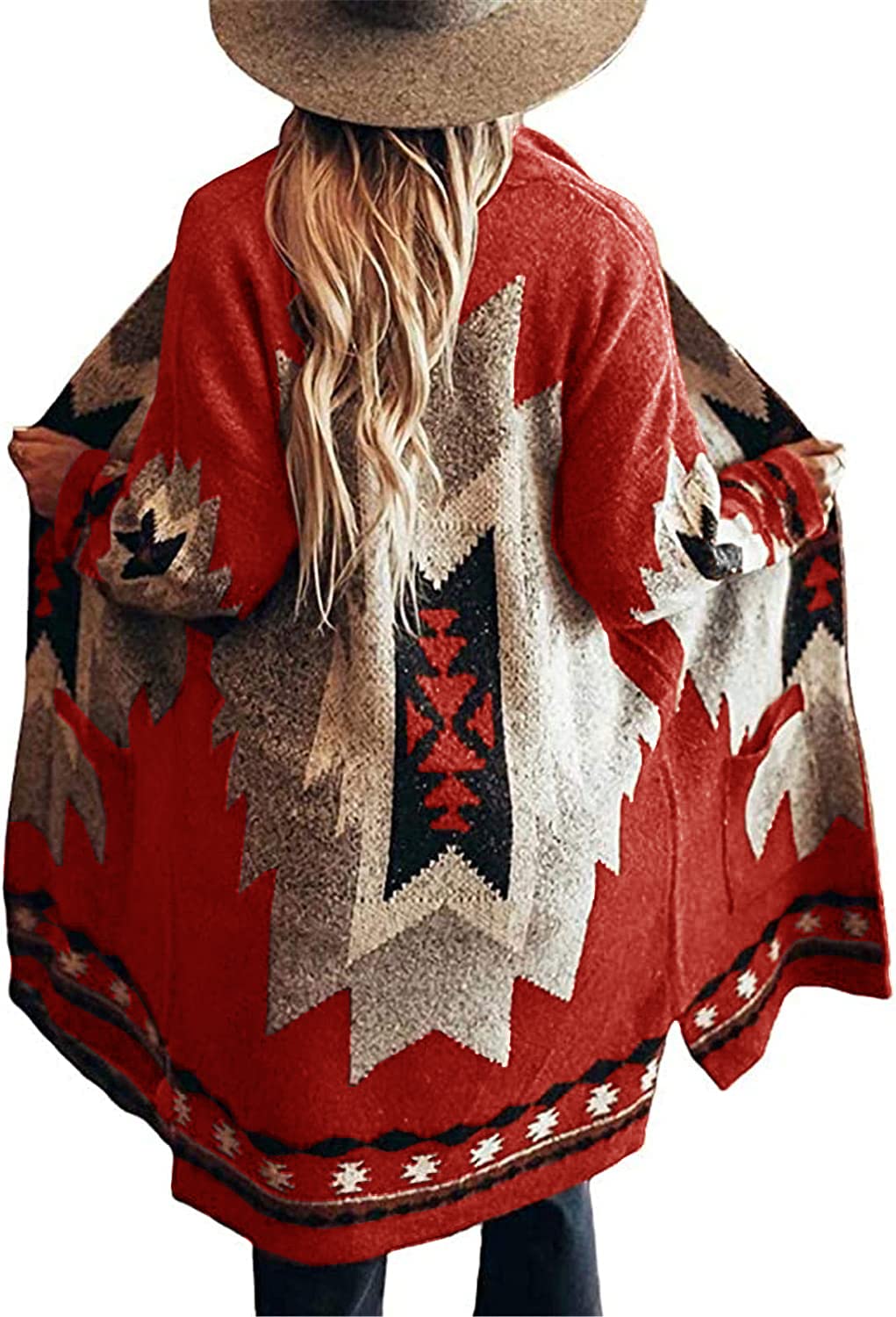 Jawint Damen-Strickjacke, Vintage-Stil, Tribal-Design, Western, lässig, offene Vorderseite, Outwear mit Tasche
