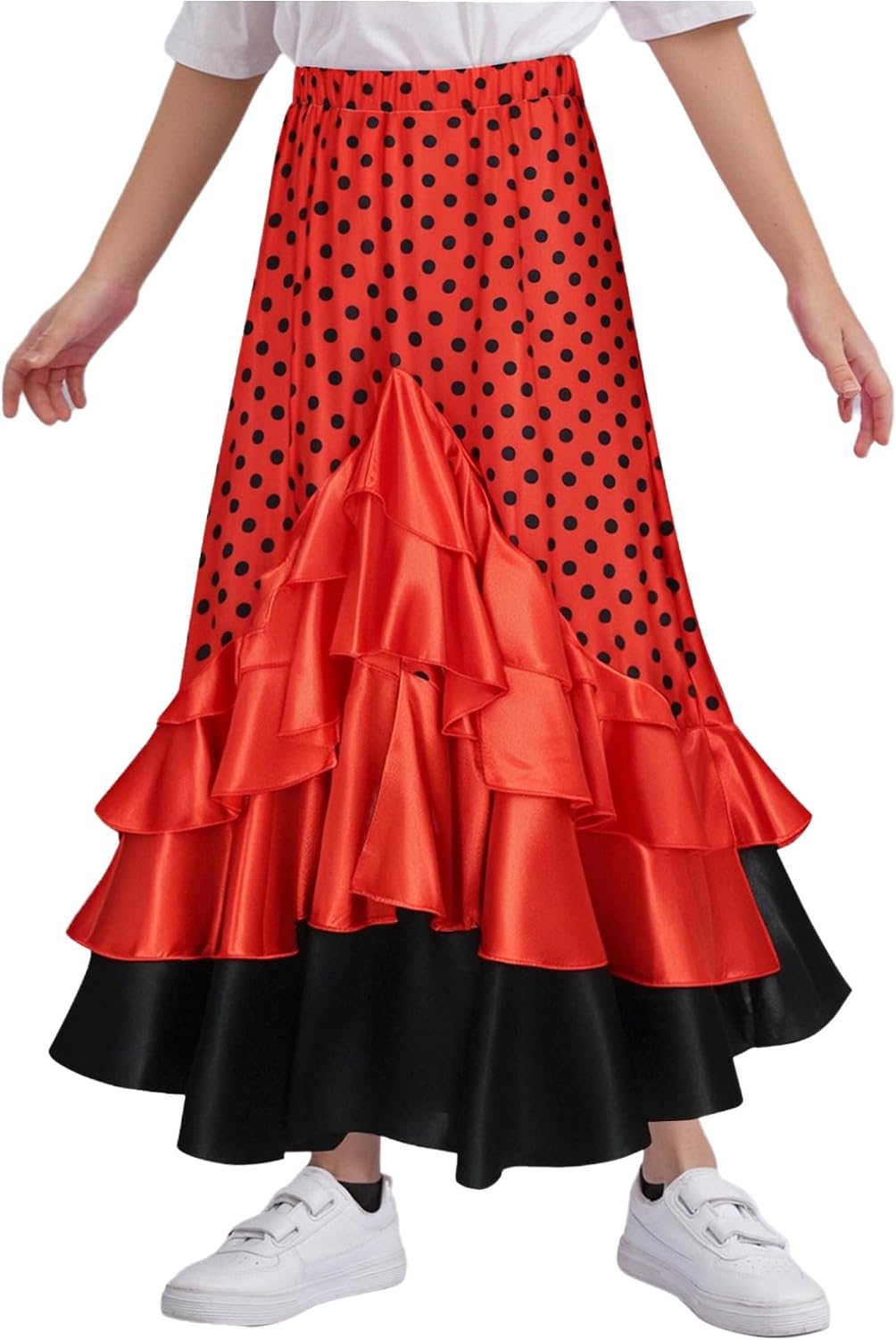 Jhaoyu Kids Girls Spanish Flamenco Dance Skirts Folklorico Belly Dance Long Skirt Ballroom Polka-dot Ruffle Skirt