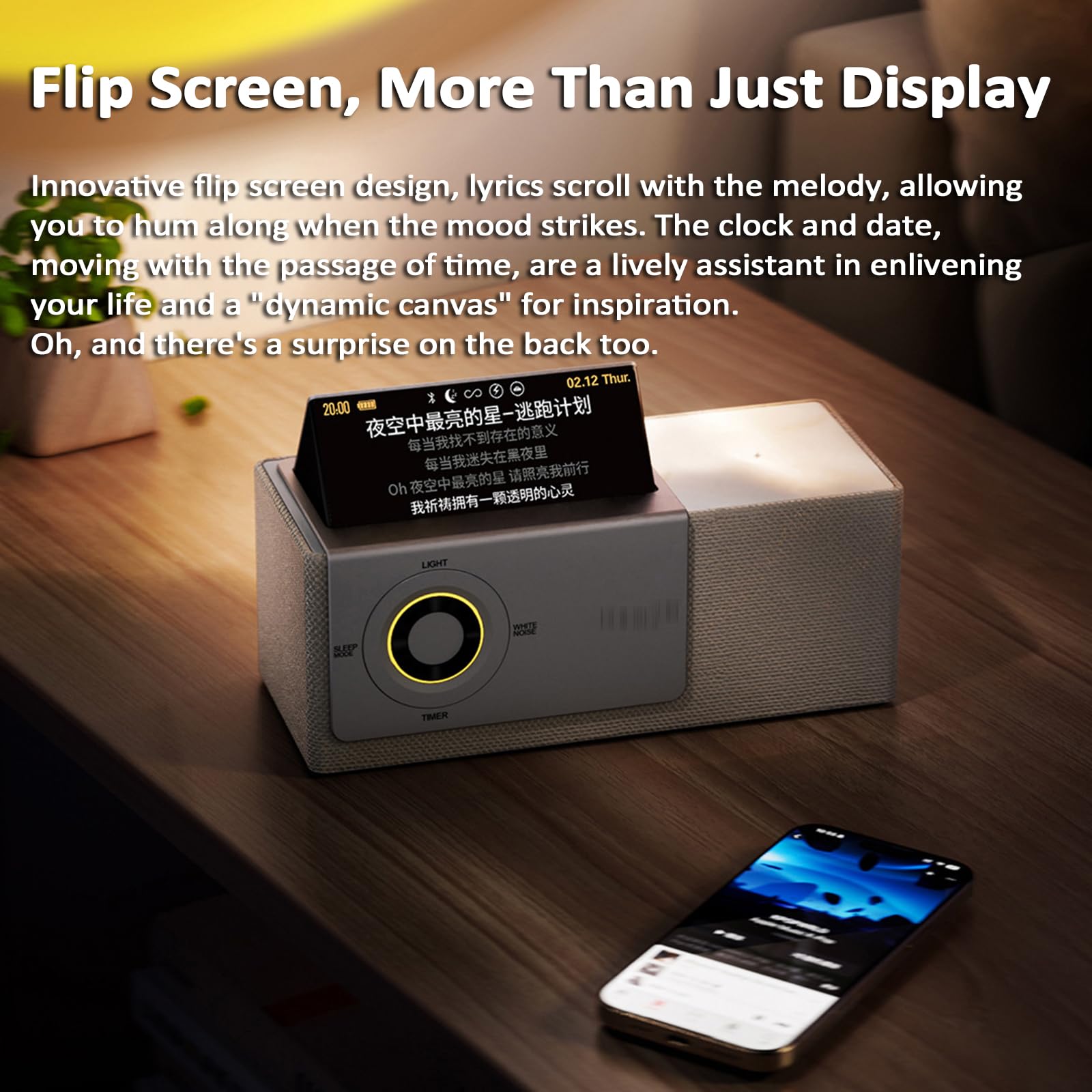 Altoparlante Bluetooth con display con testo fluttuante, generatore di rumore bianco, ricarica wireless, orologio da tavolo, proiettore tramonto e schermo flip per decorazioni domestiche e regali