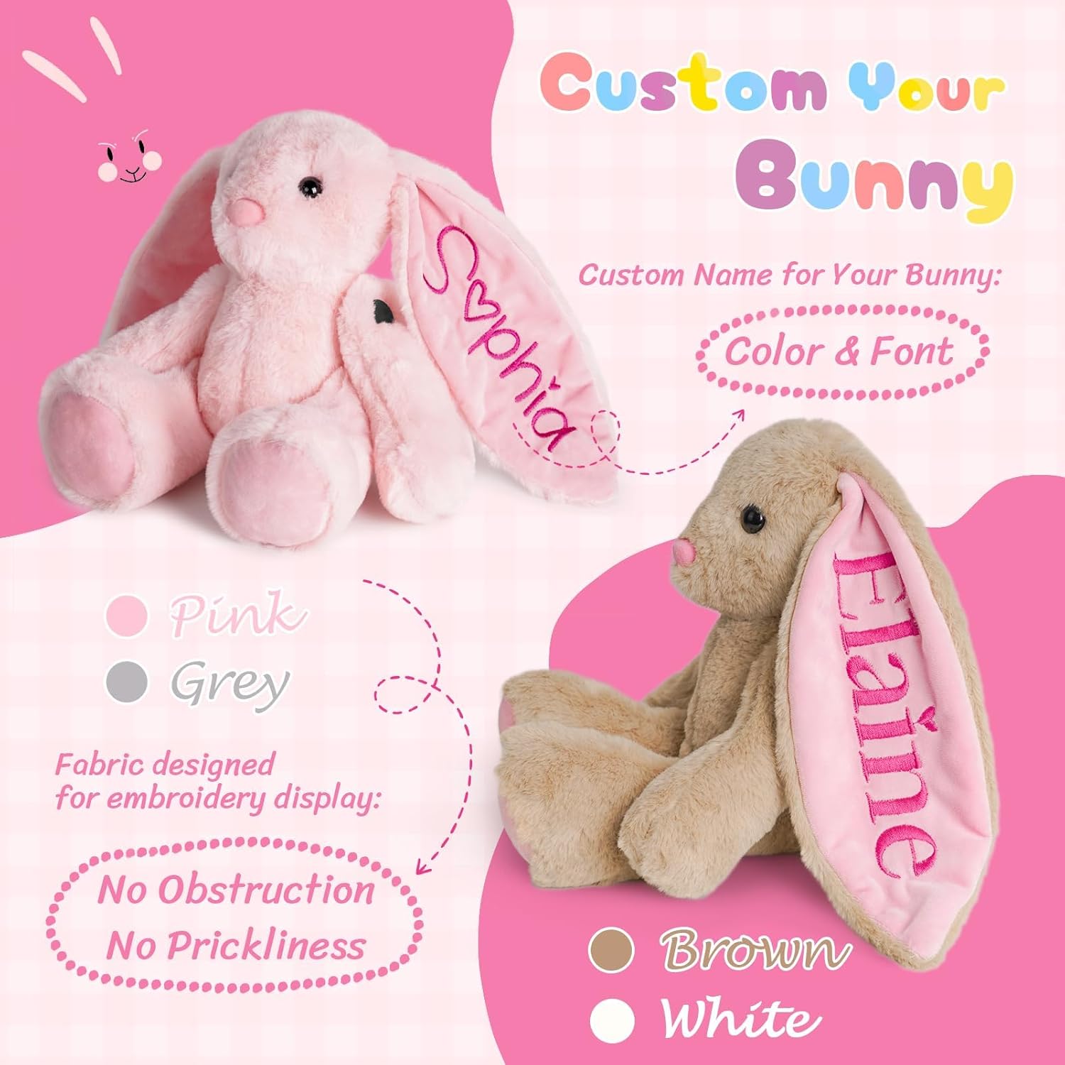 Custom Plush Bunny Toys with Child's Name - 10/12/18" Embroidered Soft Bunny Stuffed Animals for Baby Toddlers, Personalized Birthday for Baby Girls Boys (Pink)