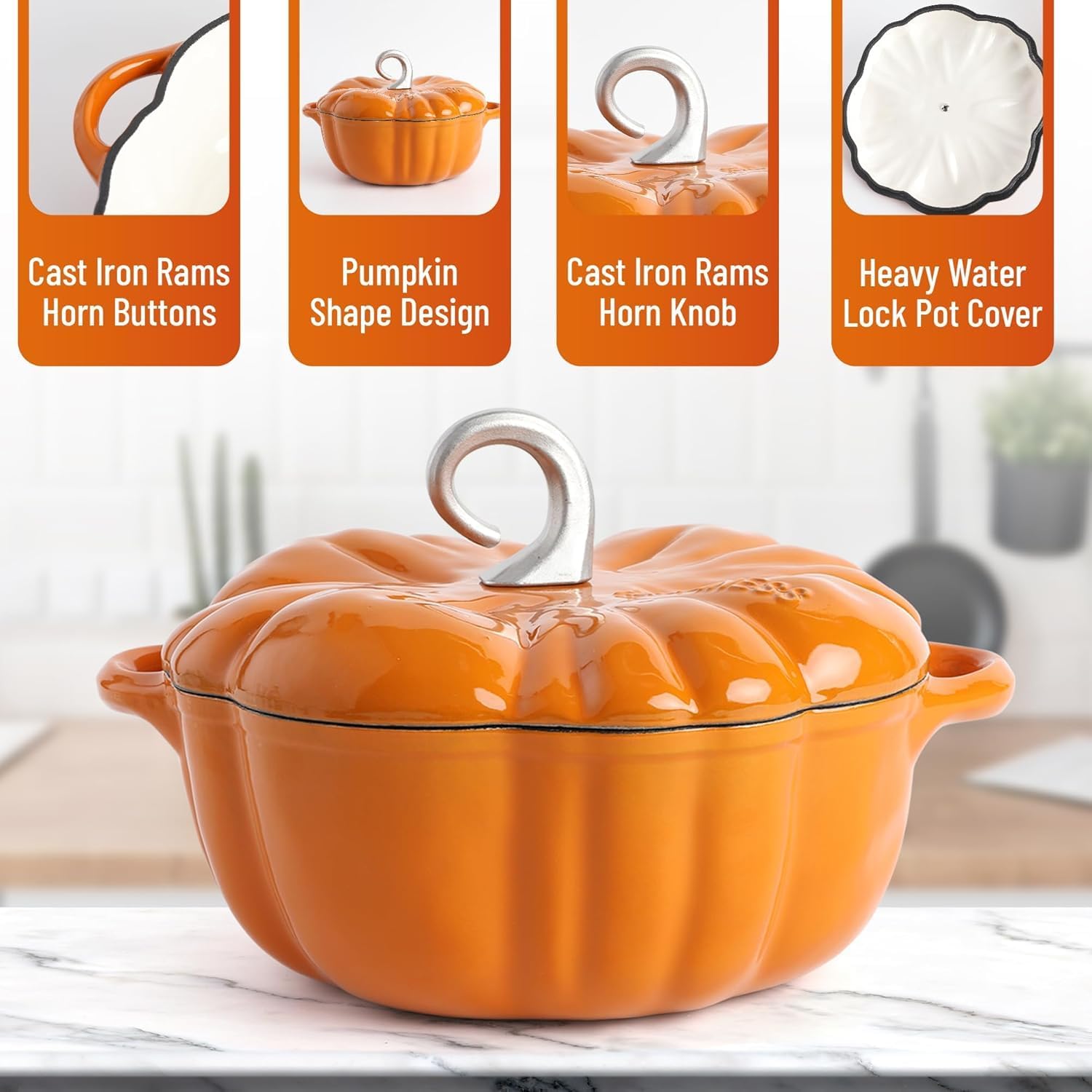 SOBEIT Pumpkin Dutch Oven Pot with Lid, Non-stick Enamel Cast Iron Dutch Oven, 3.5QT Pumpkin Cocotte with Cast Iron Knob, Serves 3-5 (Orange)