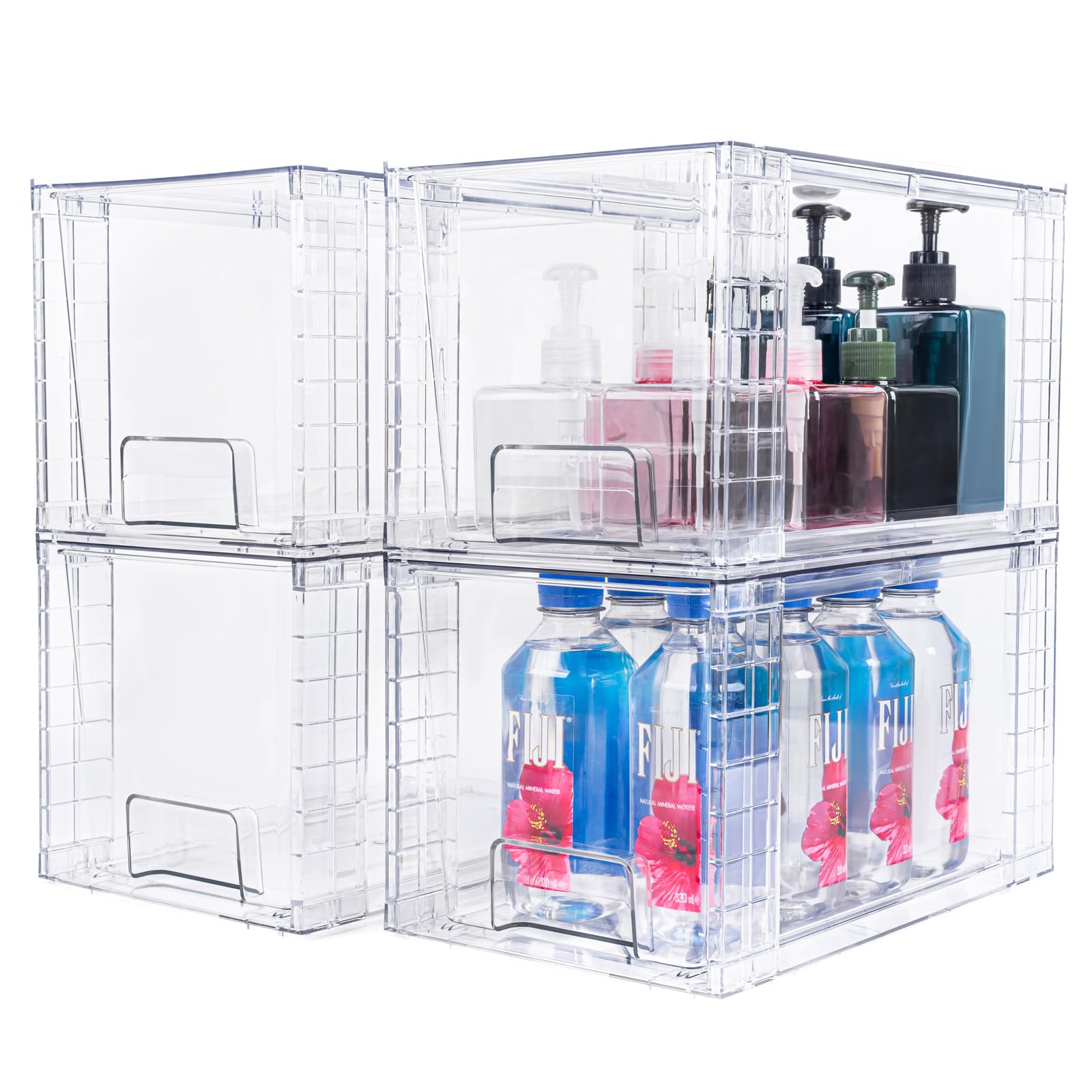 Zero Zoo 4 Pack Large Stackable Storage Drawers,Clear Acrylic Drawer Organizers with Handles, Easily Assemble for Kitchen Undersink,Bathroom,Cabinet,