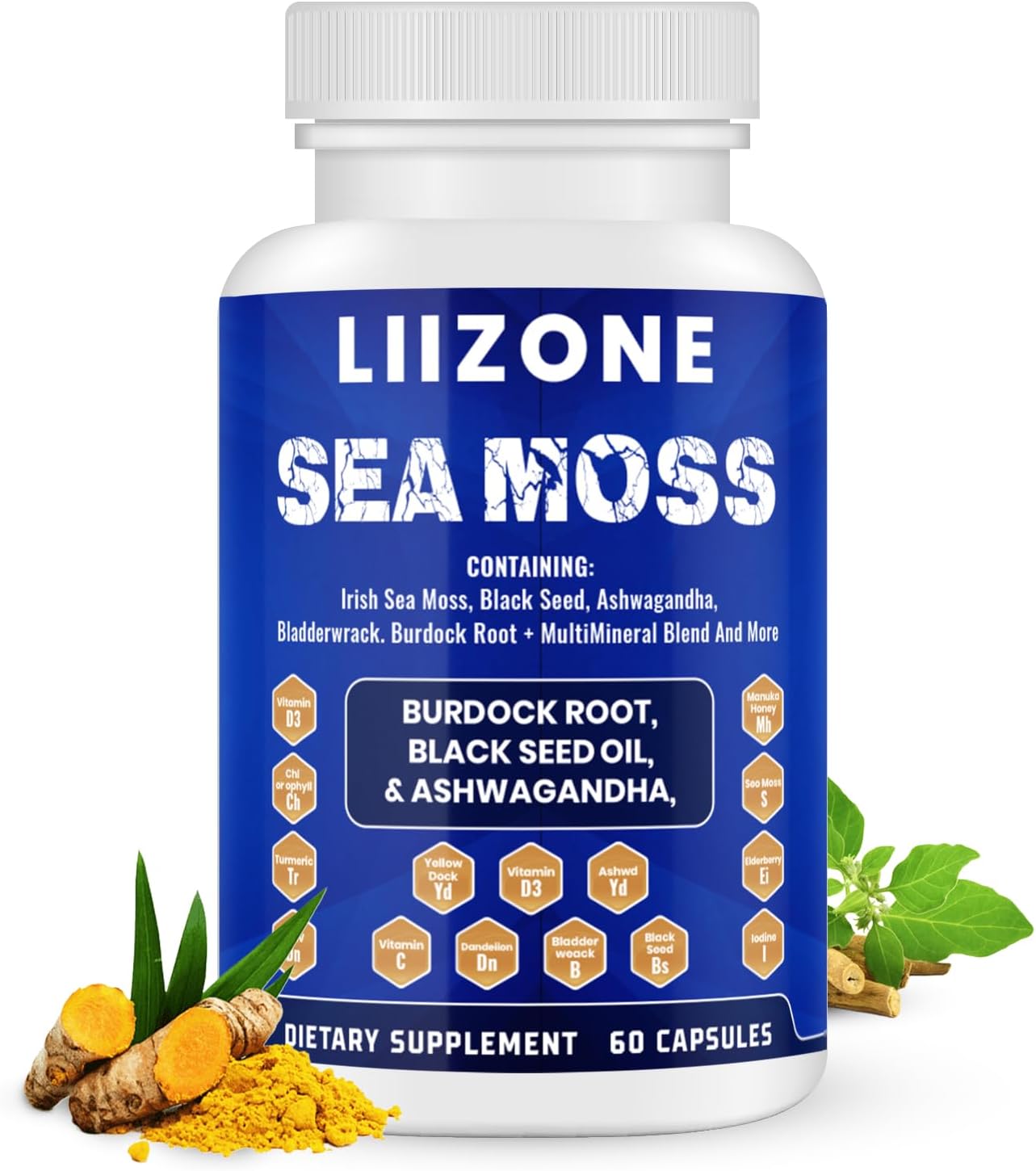 Complex Sea Moss Capsules with Ashwagandha, Turmeric & Vitamin C - Black Seed Oil Capsules for Immune Support, Joint & Gut Health - 60 Count for Daily Wellness