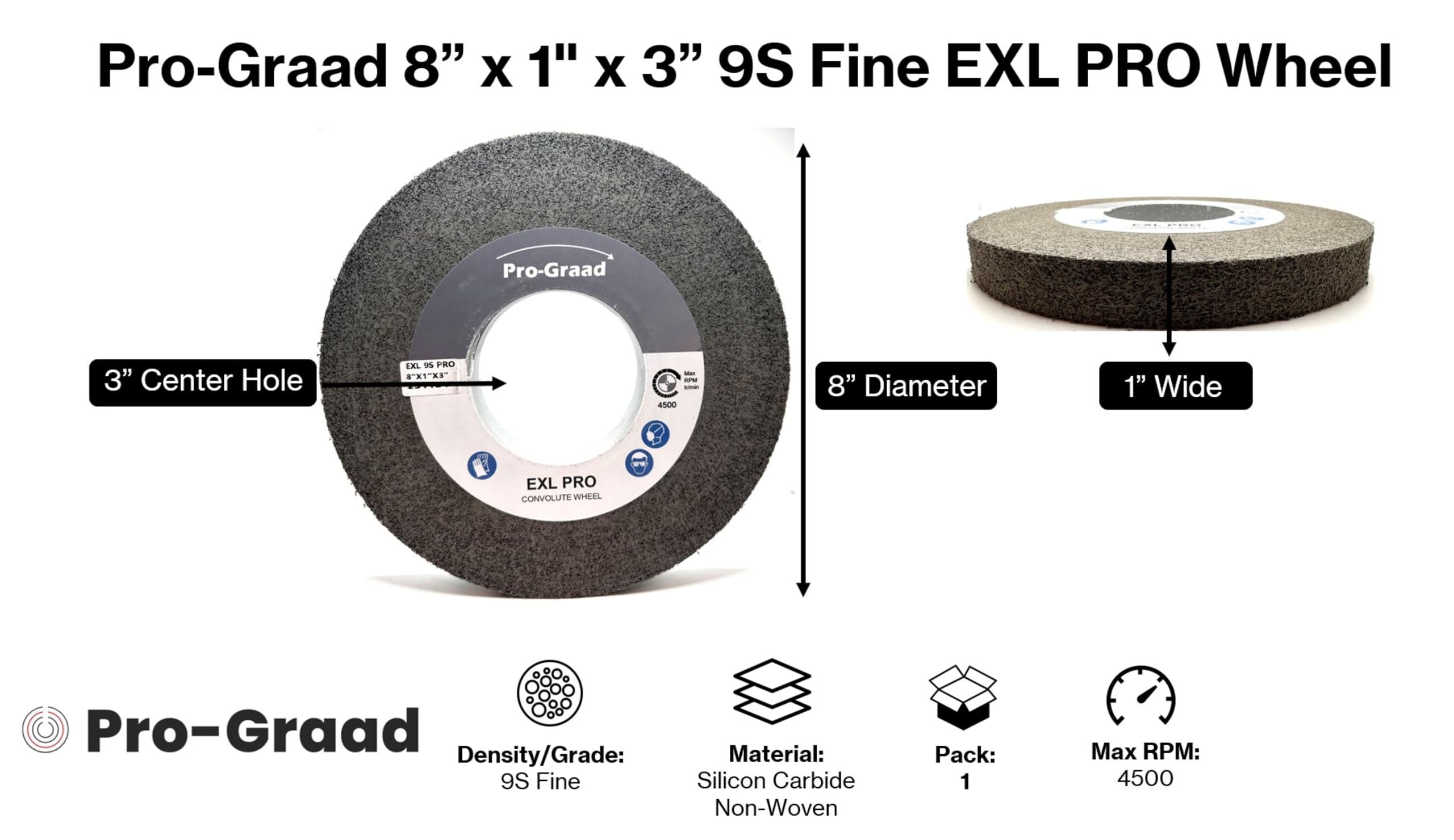 EXL PRO Rueda de pulido de desbarbado convoluta – 8 x 1 x 3 pulgadas, carburo de silicio fino 9S, grado profesional, rueda de desbarbado, acabado y pulido de metal, (paquete de 1)