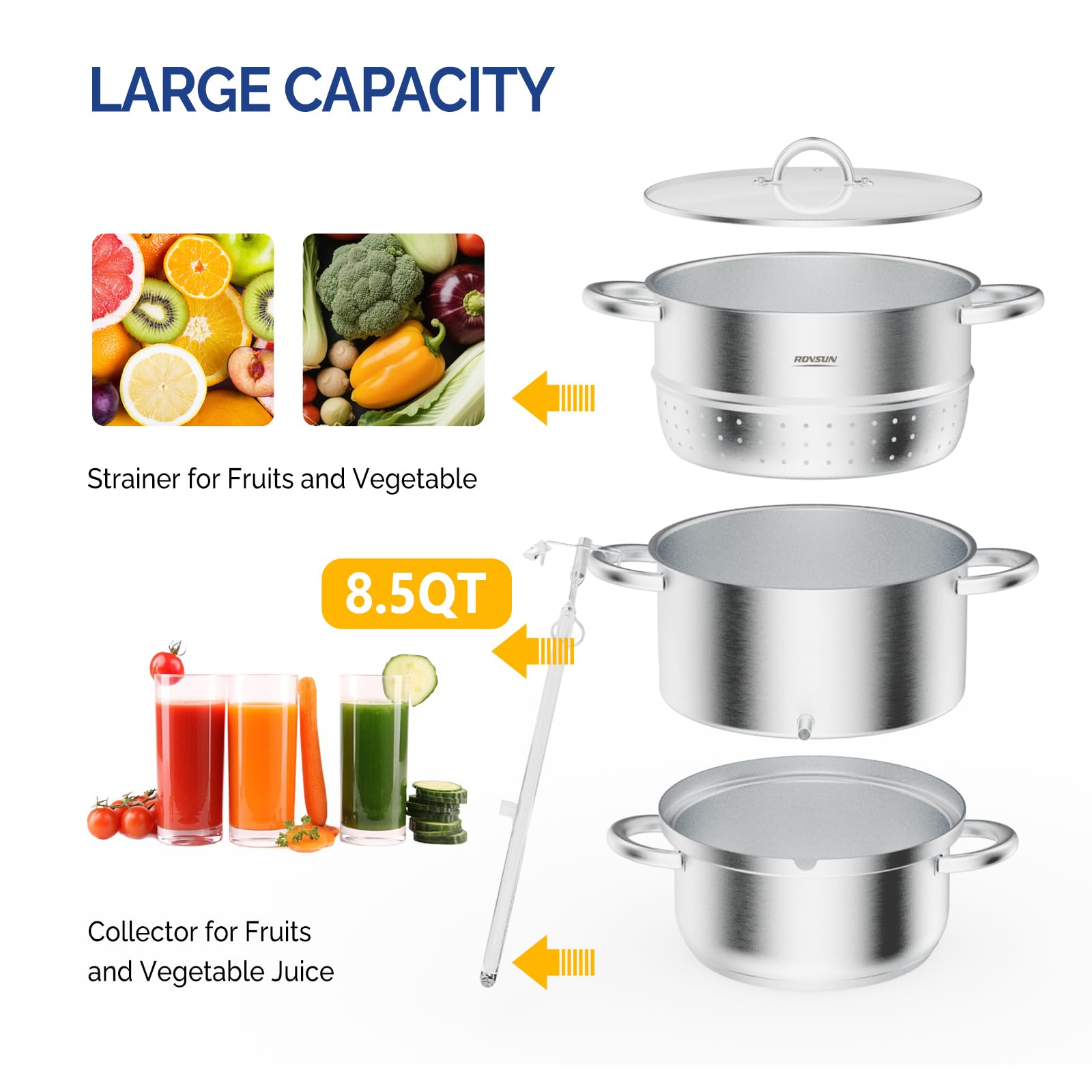 Vaporizador de jugo de acero inoxidable de 8.5 cuartos de galón, extractor de frutas y verduras, olla de vapor, con abrazadera de tapa de vidrio templado, asas de bucle, ideal para hacer jugo 5