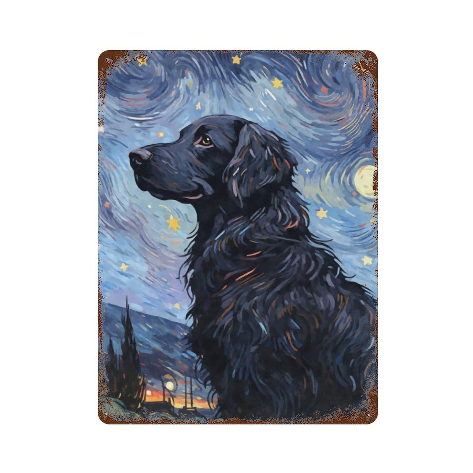 Rust Effect FlatCoated Retriever Night Weathered Tin Sign 15.7"x11.8", Shabby Chic Decor for Patio, Garden Room And Bar Decor