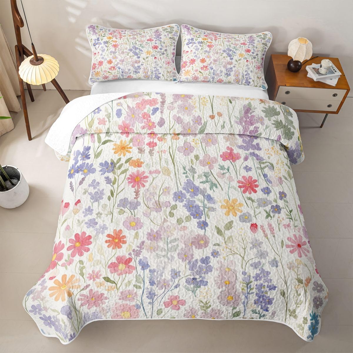 Erosebridal Boho Floral Full Quilt Bedding Set, Flower Plant Green Leaves Lightweight Quilts, Rustic Farmhouse Cottagecore Coverlet for Kids Girls, Vintage Wildflower Quilt & 2 Pillow Shams