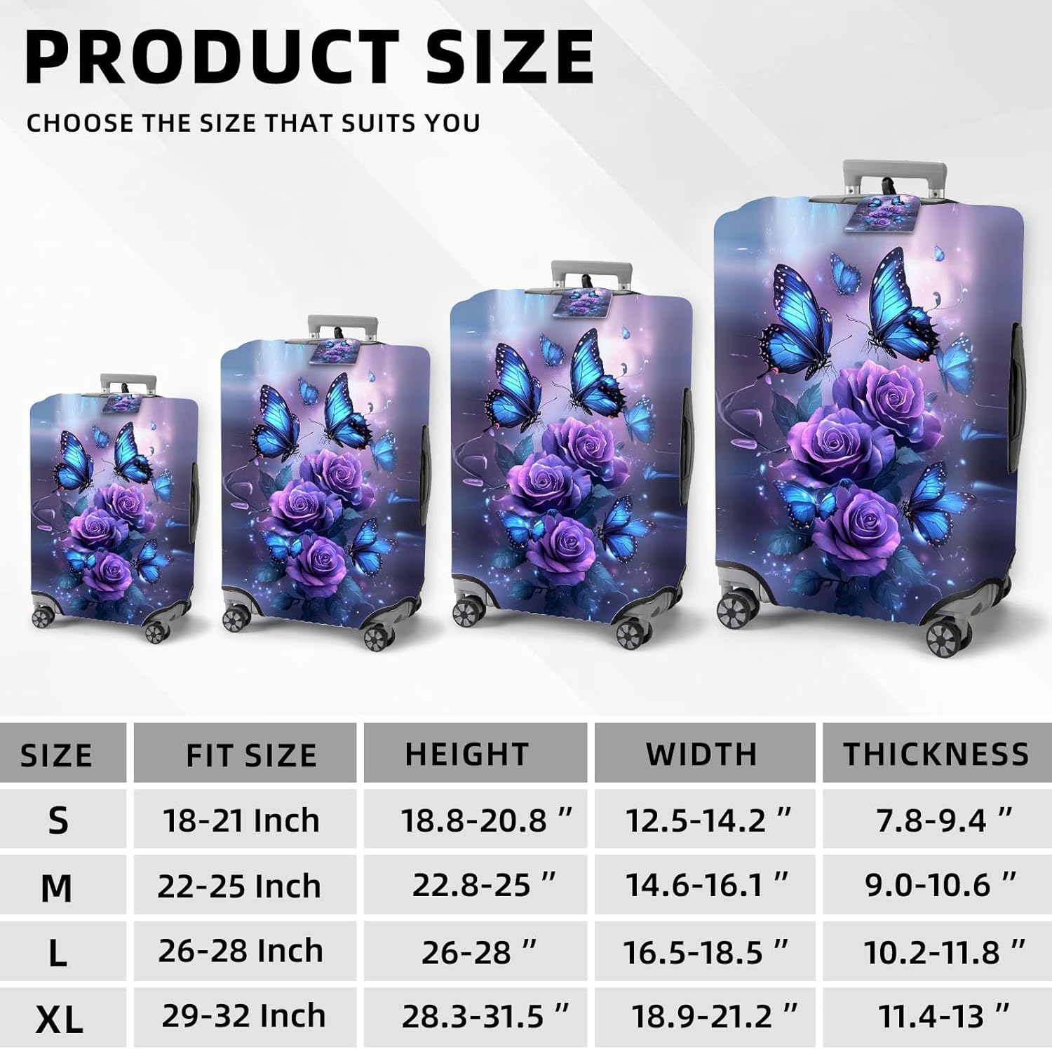 Luggage Covers with Tag for Suitcase Tsa Approved, Washable Cover Travel Stretch Baggage Case Protective Suitcase Protector Fits 22-25 Inch Luggage, Purple Roses Blue Butterfly