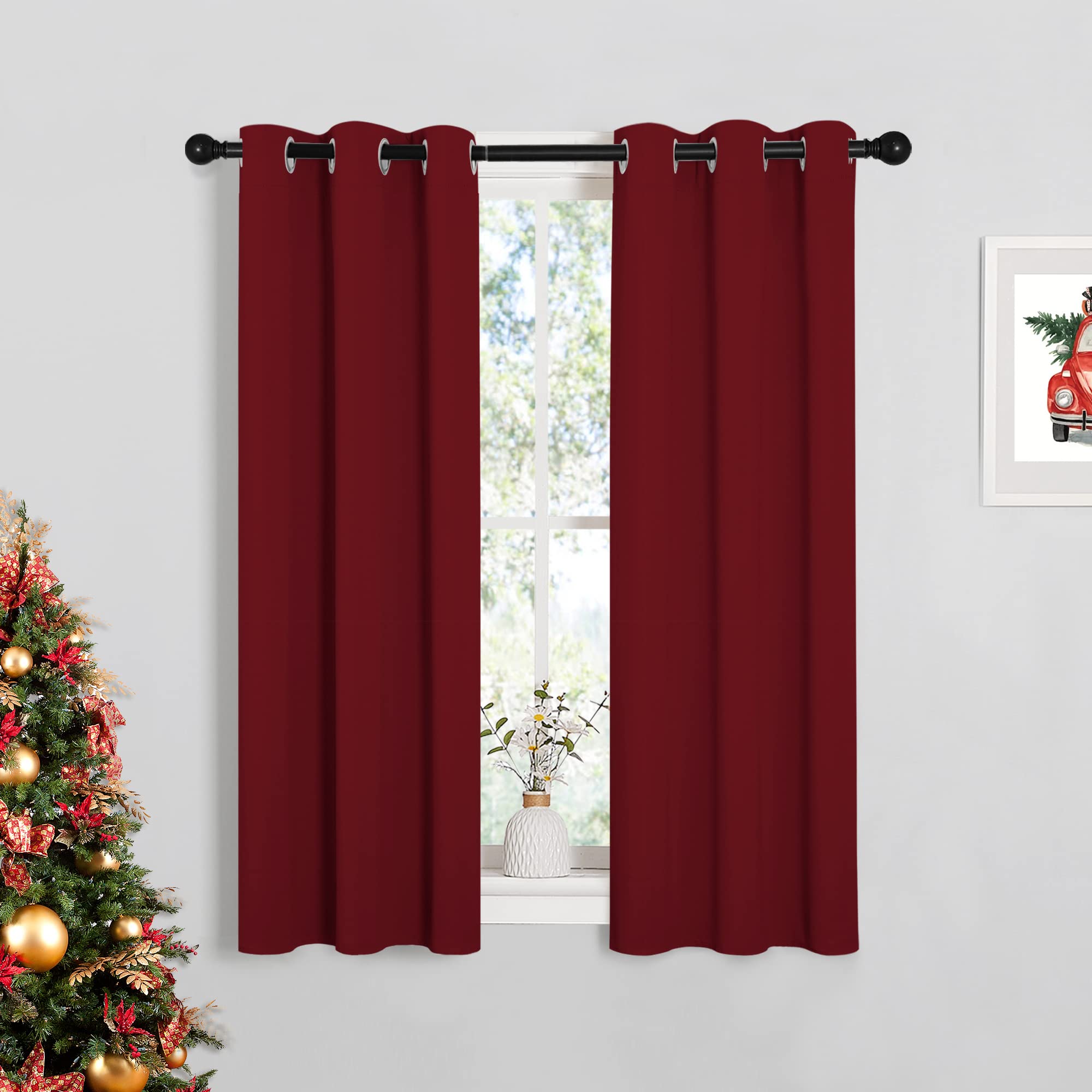 NICETOWN Christmas Burgundy Window Curtains Blackout Drapes, Thermal Insulated Solid Grommet Blackout Curtains/Draperies for Living Room (1 Pair, 29 by 45 inches, Burgundy Red)
