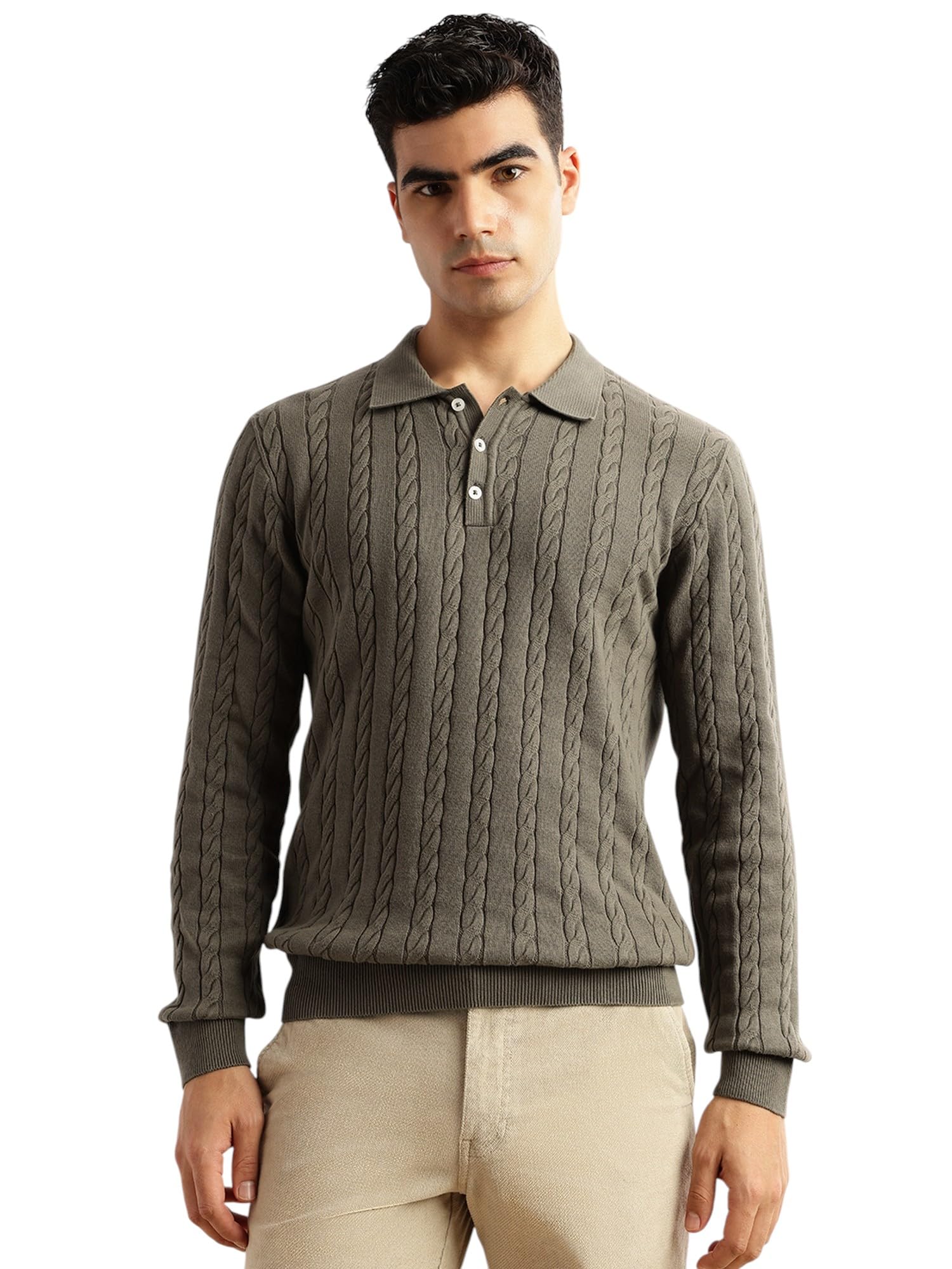 Thomas Scott Men's | Regular Fit | Long Sleeves | Self Design | 100% Cotton | Button Closure | Dry Clean | Polo Collar | Knitted | T-Shirt