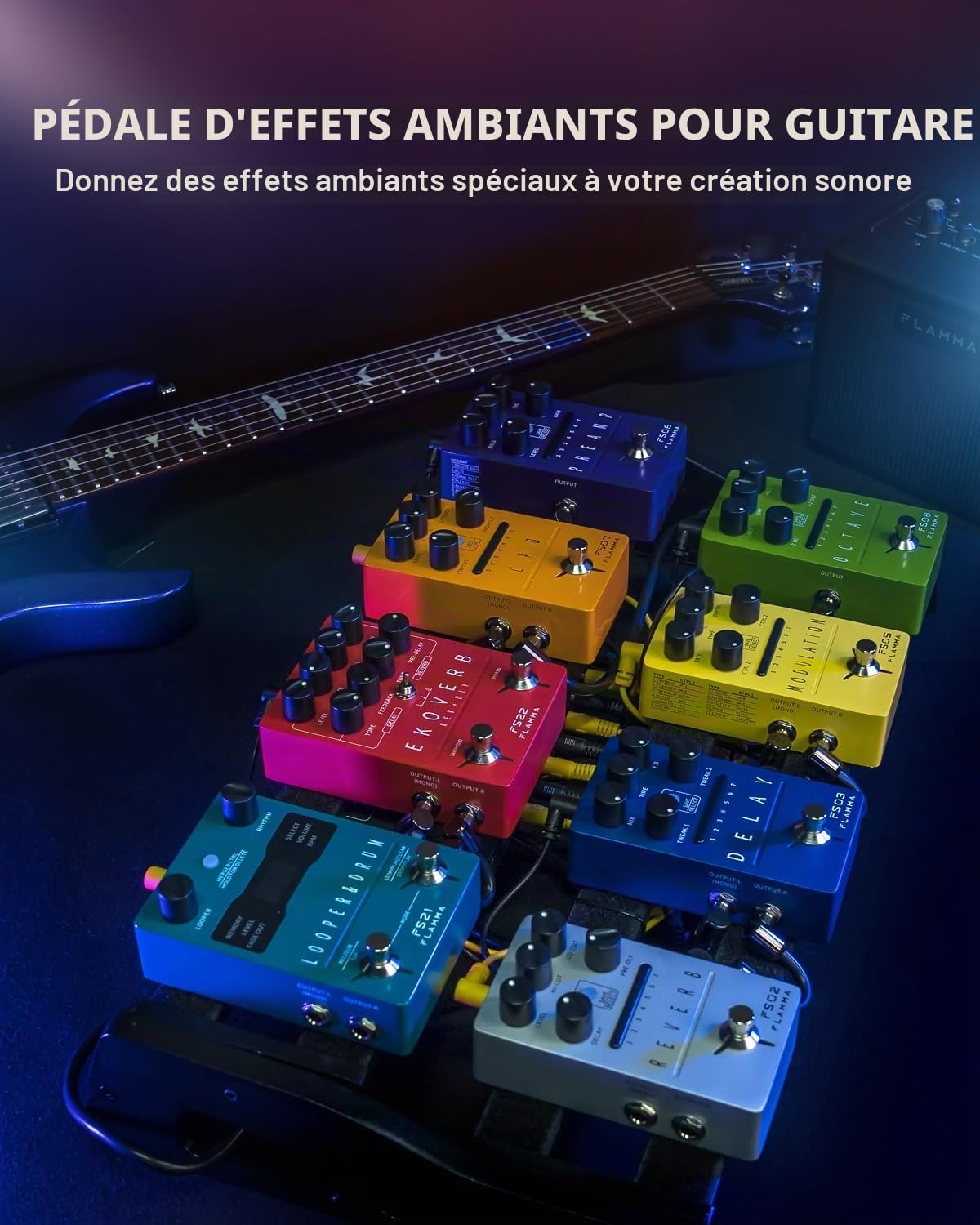 FLAMMA FS22 Pédale d'effets combo de retard et de réverbération stéréo pour guitare d'ambiance avec 3 paires d'effets combinés Reverse Delay Shimmer Reverb Tap Tempo Freeze Trail On