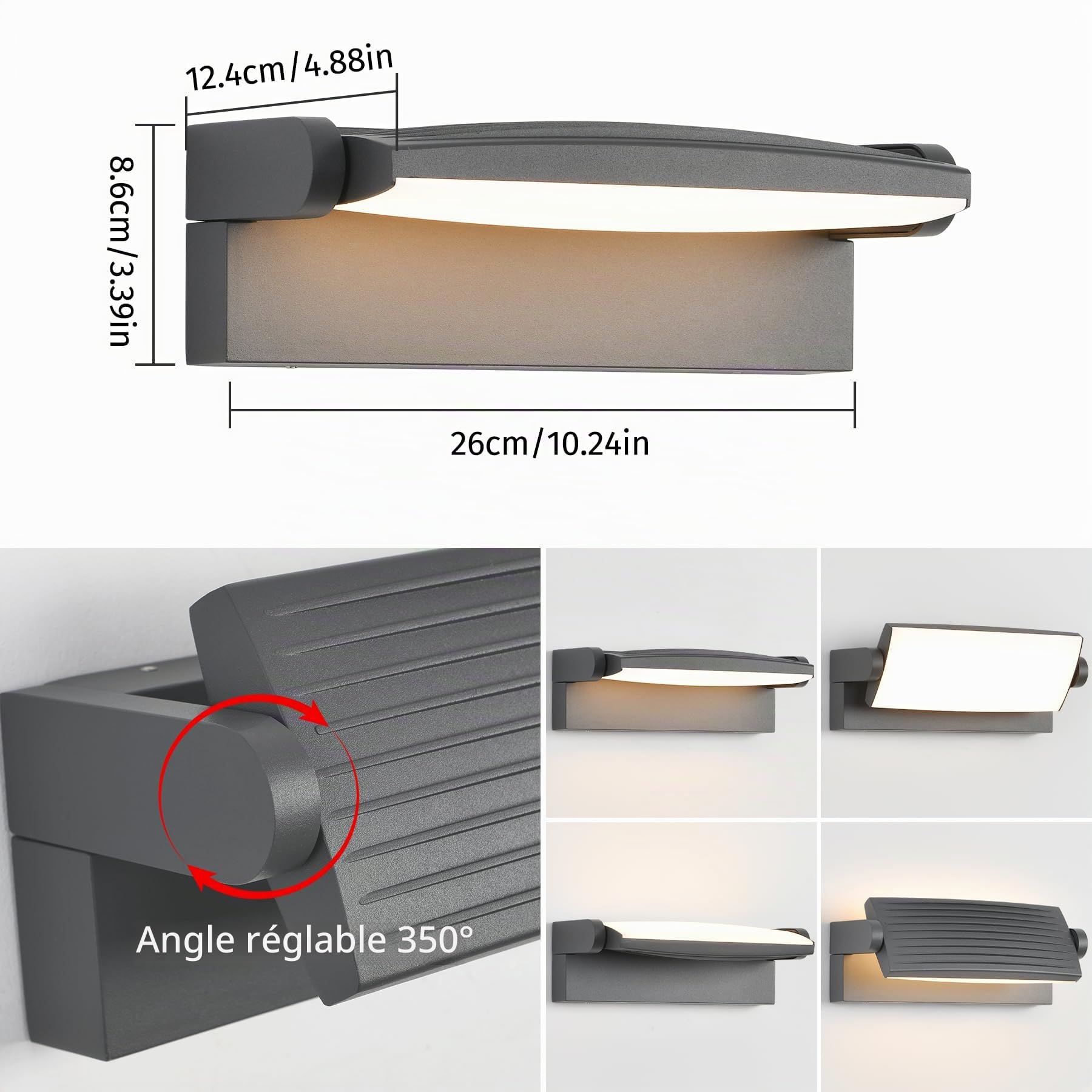 SANSHI 30W Applique Murale Exterieur LED Orientable 350°,IP65,Gris foncé