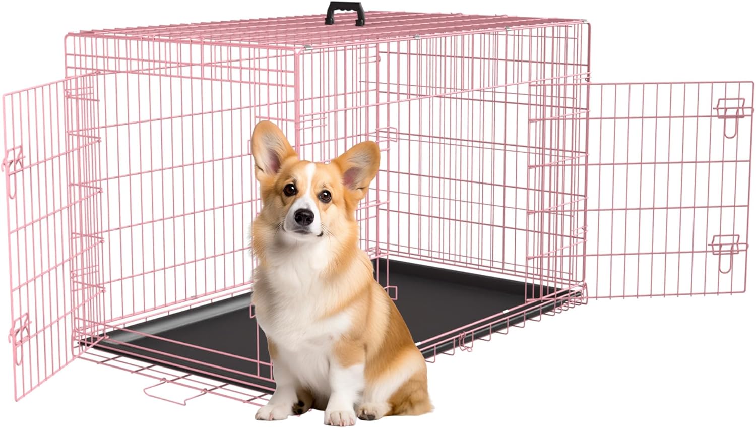 FDW XL Dog Crate Dog Kennel Cage with Double Door,42 inch Folding Metal Wire Dog Cage with Removable Tray&Divider Panel,Pet Crate for Medium Large Dogs,Black