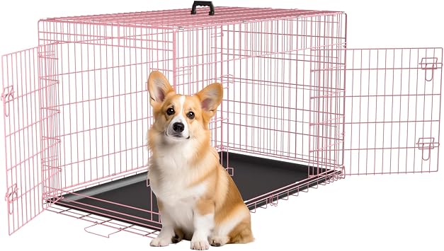 FDW 30 inch Dog Crate Dog Kennel Cage with Double Door Folding Metal Wire Dog Cage with Removable Tray&Divider Panel,Pet Crate for Medium Dogs,Pink
