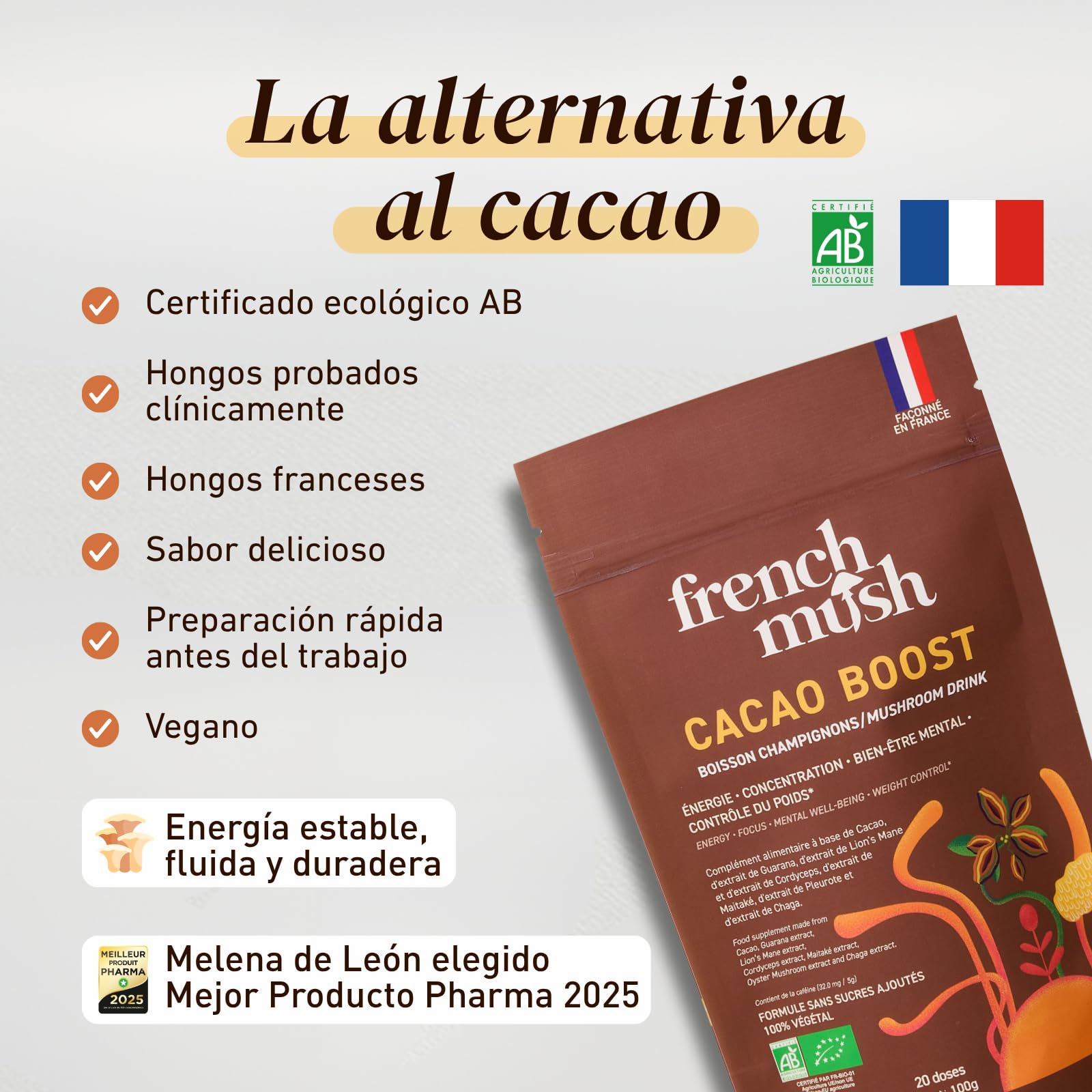 French Mush BOOST Cacao con Hongos Adaptógenos Ecológicos: Lion’s Mane, Cordyceps y Guaraná - Energía, Concentración y Digestión - Alternativa Vegetal al Café Soluble - Fabricado en Francia - 20 Dosis
