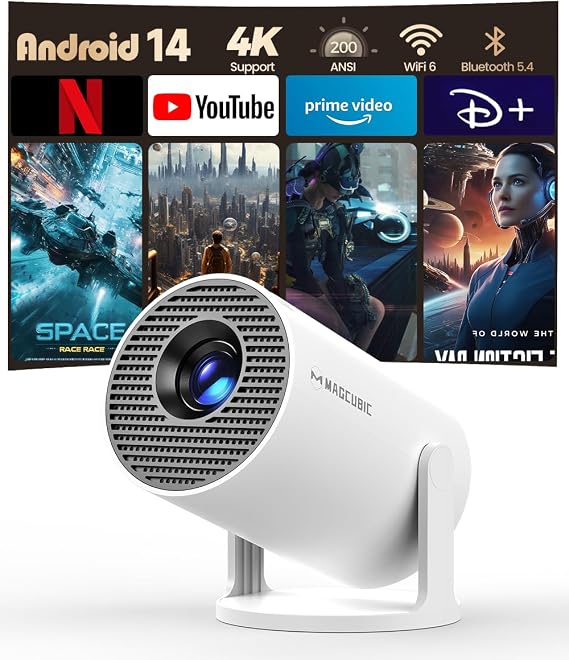 Magcubic Mini Beamer 4K Unterstützt Android 14 Smart Projector 5G WiFi 6 BT 5.4 Mini Projektor Full HD 1080P Unterstützt 200ANSI 8000L Auto Horizontal Trapezoid Correction (weiß)