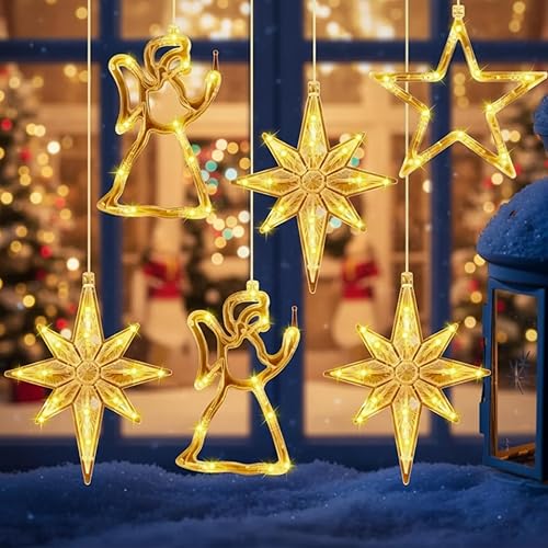 Miniatura 5 de Baquler 6 luces de ventana de silueta de Navidad con ventosa, funciona con pilas, para colgar en la ventana de Navidad, luz blanca cálida, lámpara
