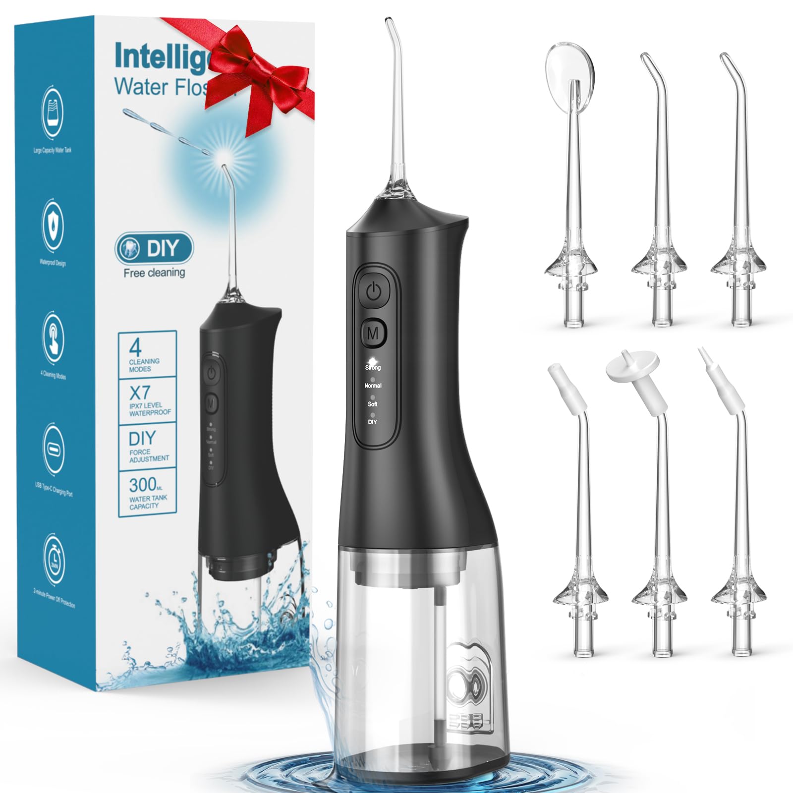 Irrigador bucal recargable de 300 ml, IPX7, impermeable, inalámbrico, portátil, con 4 modos y 6 puntas de chorro reemplazables, limpiador profesional de hilo dental para uso diario en el hogar, viajes