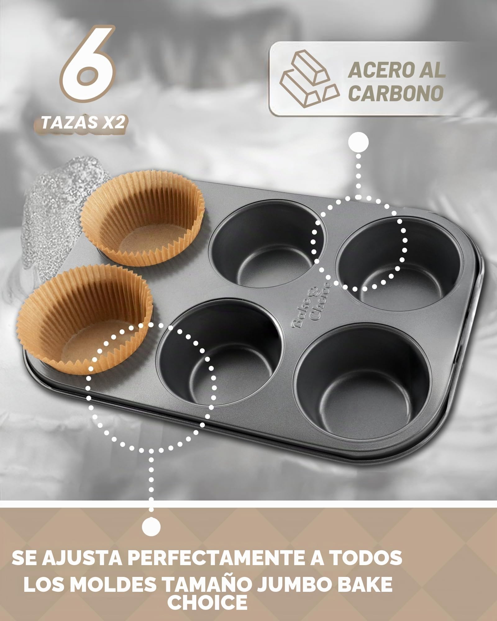 Bake Choice 2 Piezas Jumbo Molde para Magdalenas 6 Tazas,Incluye 50 Piezas Jumbo Moldes Magdalenas Papel,acero al Carbono Antiadherente,para Fiestas & Hogar & Hornear