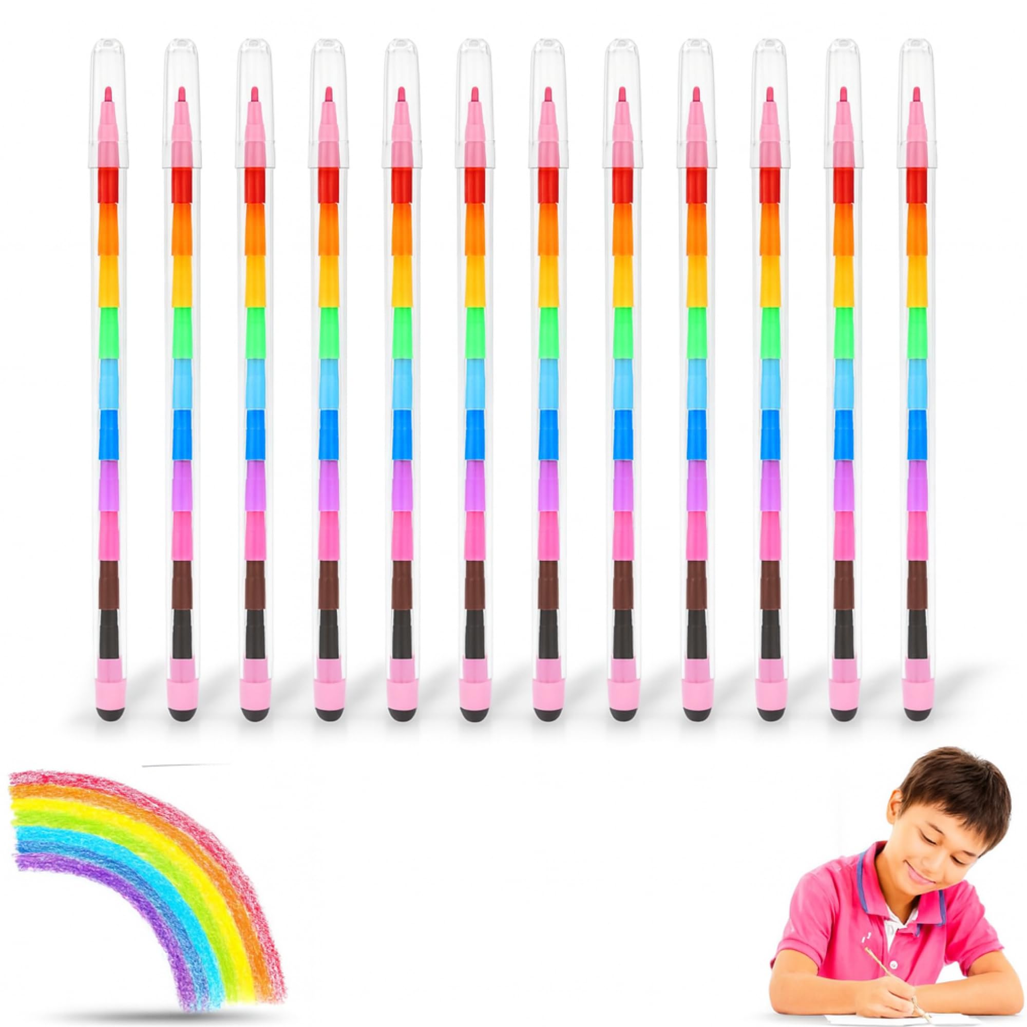 Lizzy 12pk Crayon Pen Stackers 15cm – 11 Colour Swappable Stacking Crayons for Kids – Fun Arts & Crafts Party Favours, Loot Bag Fillers, Creative Drawing & Colouring Stationery
