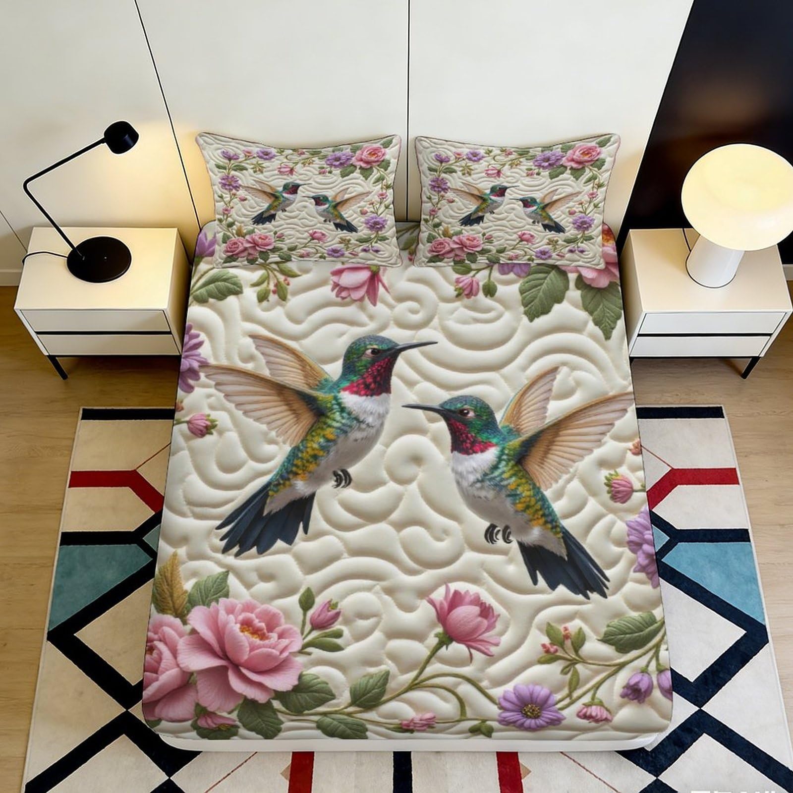 3D Printed Floral Hummingbird Fitted Sheet Microfiber Non-Slip Deep Pocket Bedroom Bedding Hummingbird Mattress Fitted Cover 180x200x25cm