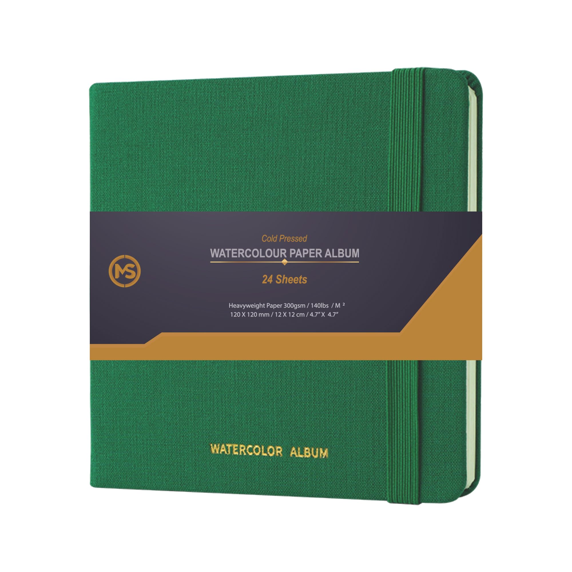 Watercolour Sketchbook Premium 300gsm /140lb 100% Cotton Paper 24 Sheets Off-White Cold-Pressed Sewn Binding 4.7" X 4.7" Album for Artists & Beginners Wet Media and Mixed Techniques-Linen Fabric Green