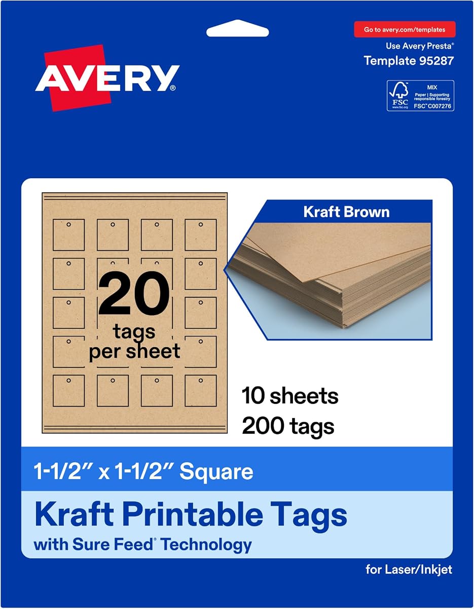 Etiquetas cuadradas imprimibles Avery®, tecnología Sure Feed®, 1-1/2" x 1-1/2", cartulina marrón kraft, impresión hasta el borde, imprimible con láser/inyección de tinta, 200 en total, ideal para etiquetas personalizadas de regalo o marca