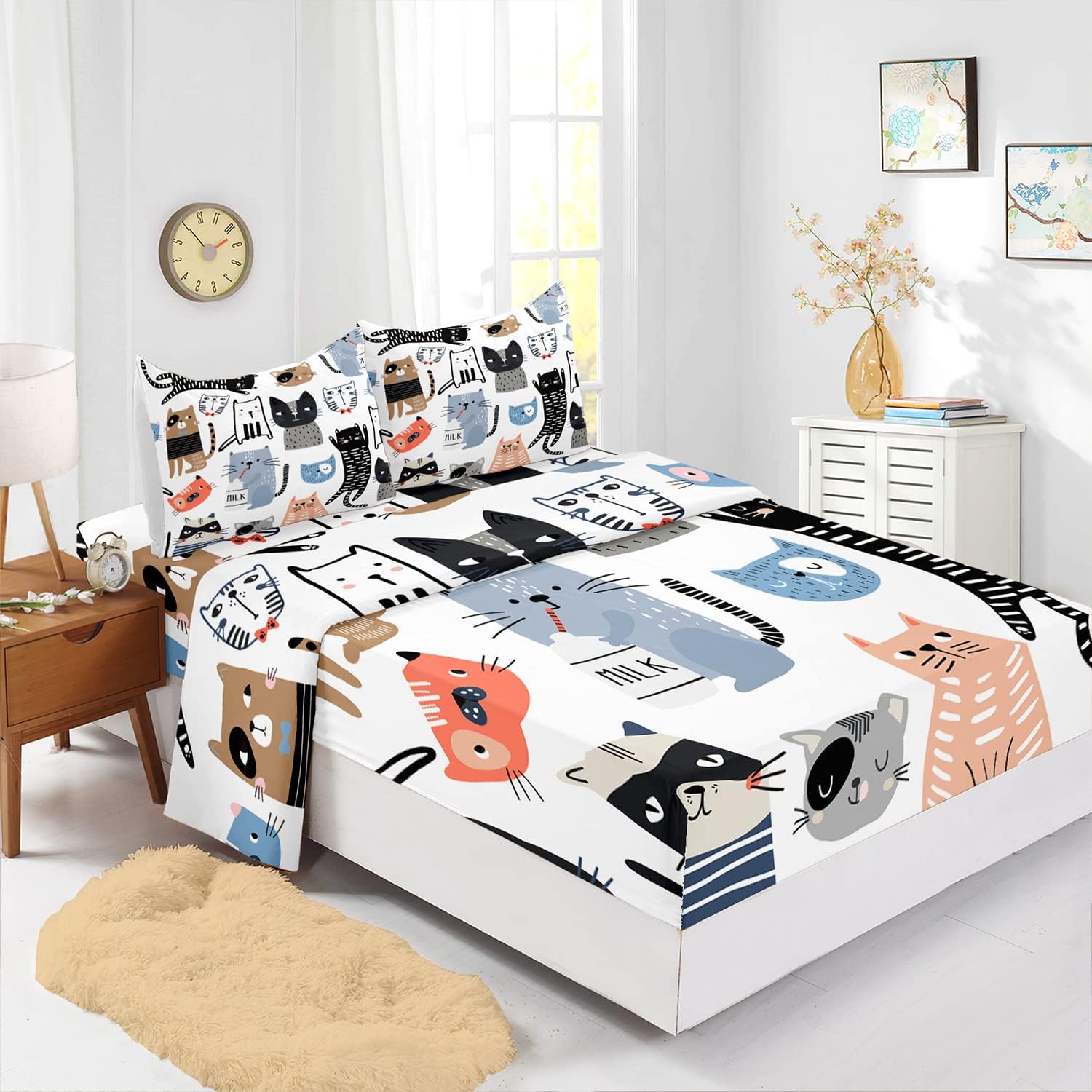 CVHOUSE Cat Fitted Sheet Queen Size,Cartoon Cat Bed Sheet