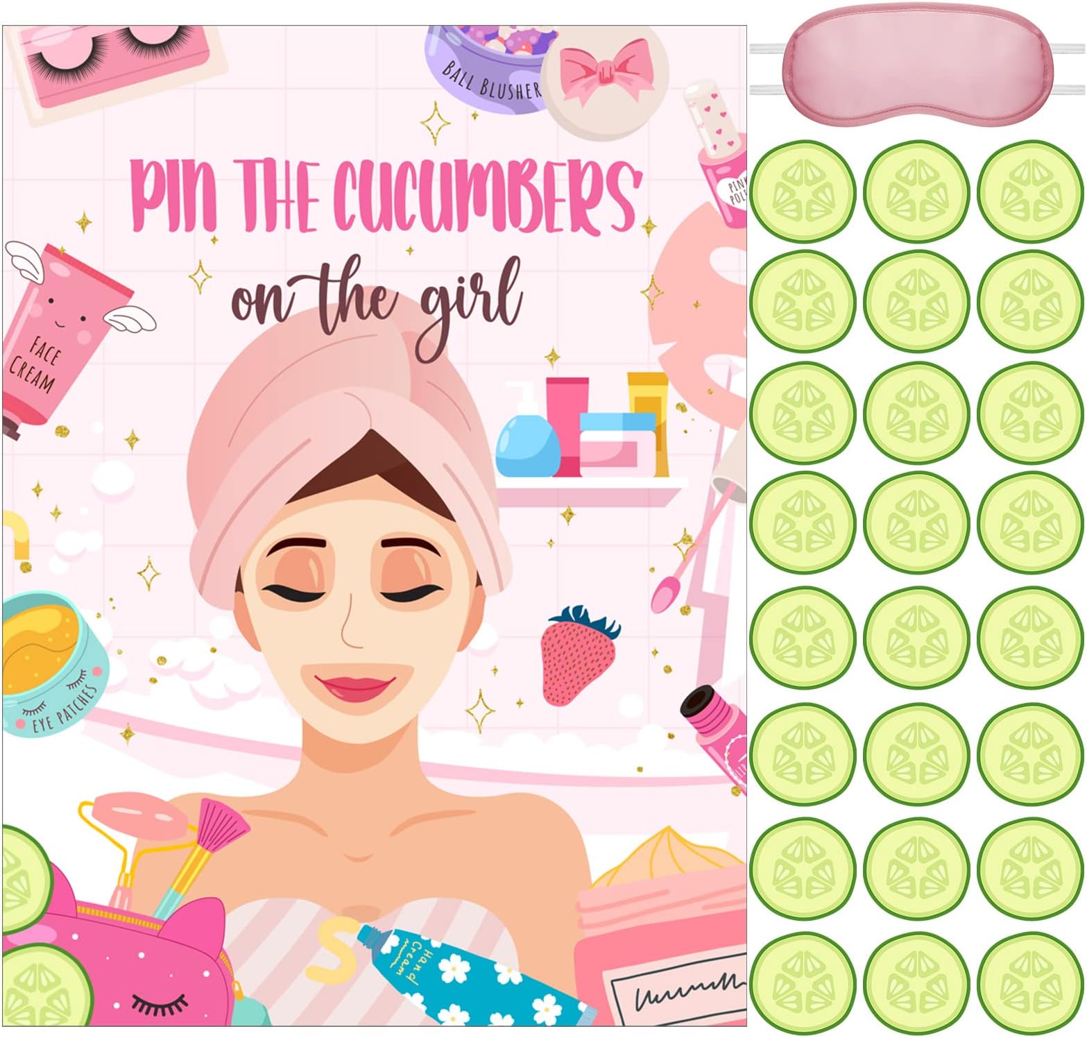 Ireer 38 Pieces Spa Party Games Pin The Cucumbers on The Girl Spa Sticker Poster with Blindfolds Spa Game Makeup Party Decorations for Kids Girls Women Spa Birthday Party Supplies