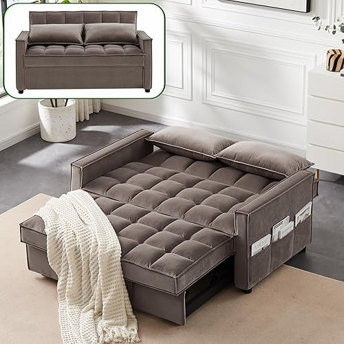 Sofá cama extraíble, sofá cama convertible 3 en 1 con 2 almohadas y bolsillos laterales, sofá biplaza de terciopelo suave con cama extraíble para