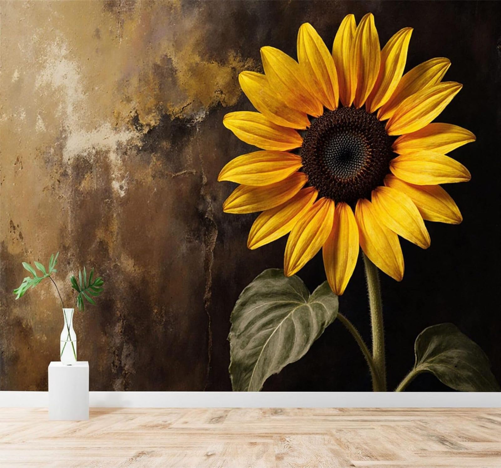 Tzxztt Golden Sunflowers Rustic Brown Background Nature Flowers Art Modern 3D Wallpaper Premium Textured Silk Neutral Tones Material Ideal for Living Room Bedroom-430cm×300cm