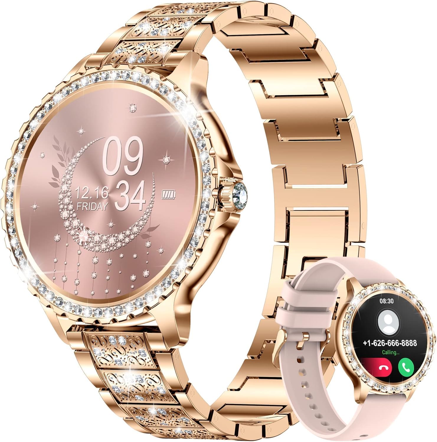 LIGE Smartwatch Damen mit Telefonfunktion, 1.32" Diamant Fitnessuhr für IOS Android, Menstruationszyklus, Herzfrequenz, Schrittzähler Armbanduhr, 500+ Ziffernblätter Smart Watch, Rose Gold Edelstahl