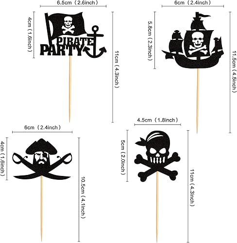 Miniatura 2 de Ercadio Paquete de 24 adornos piratas para cupcakes con purpurina negra náutica para vela, temática pirata, baby shower, fiesta de cumpleaños para