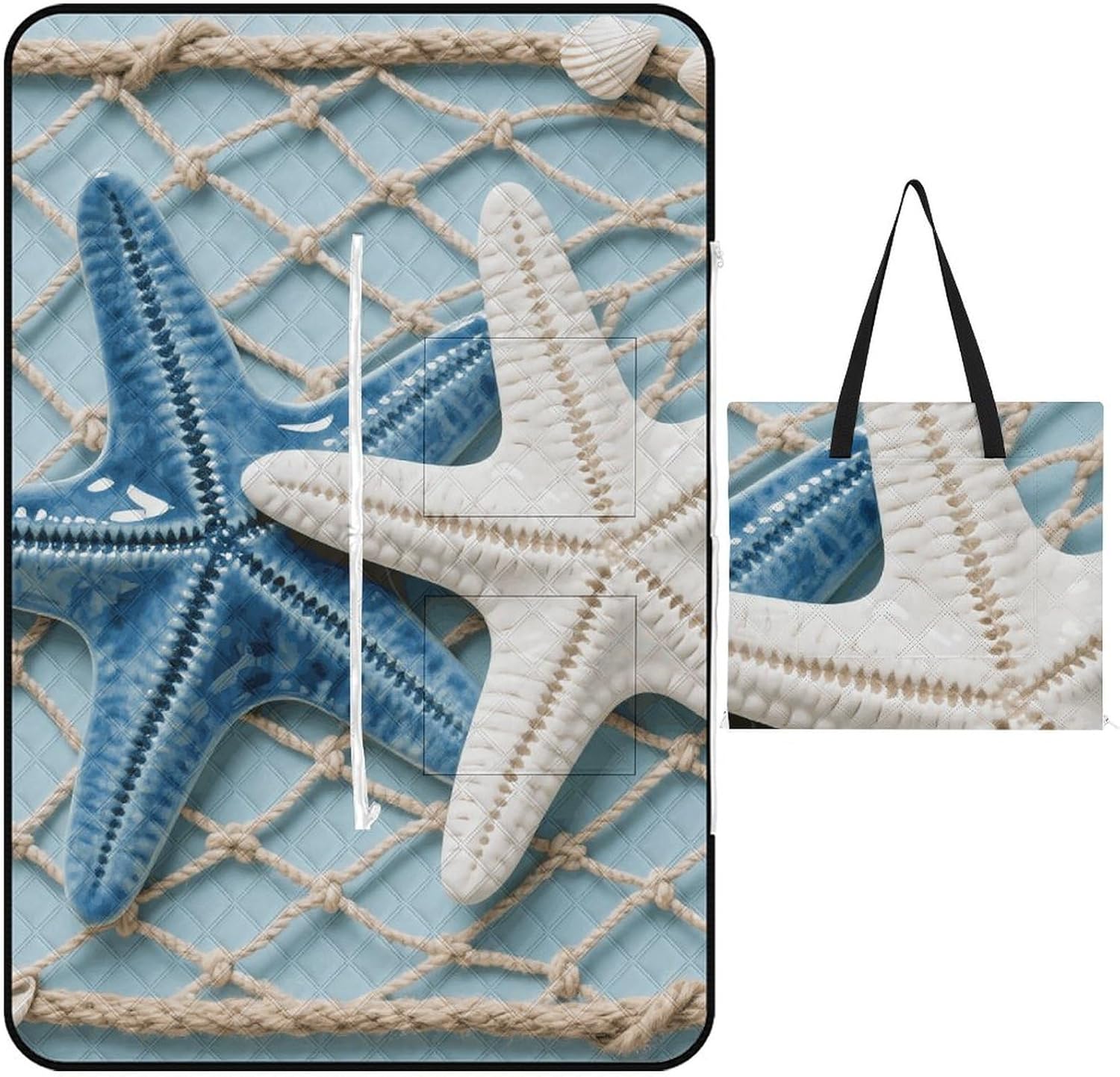 Sea Theme Starfish Picnic Blanket 150x150cm, Foldable 2-in-1 Picnic Mat and Tote Bag Portable Waterproof Beach Mat Sandproof Outdoor Blanket for Park, Hiking, Beach, Camping, Travel